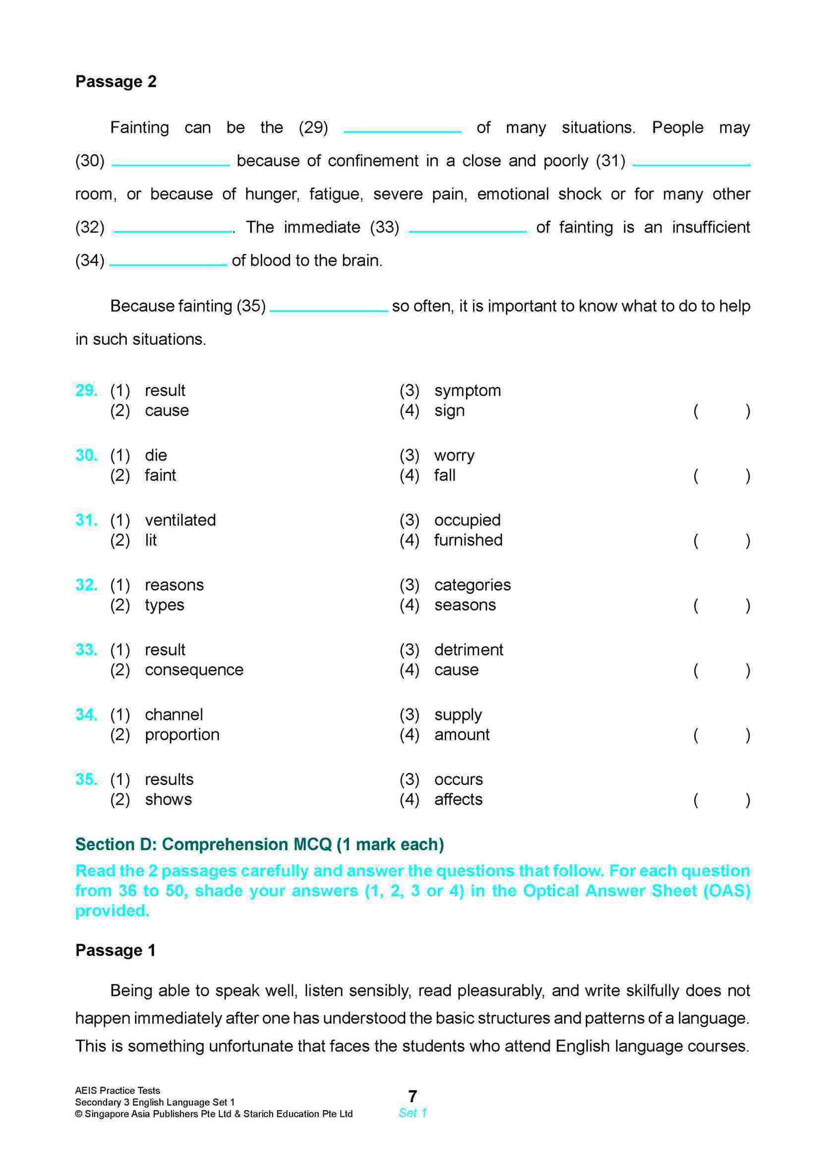 AEIS Practice Tests ENGLISH – Secondary 3 (14 to 16+ Years)