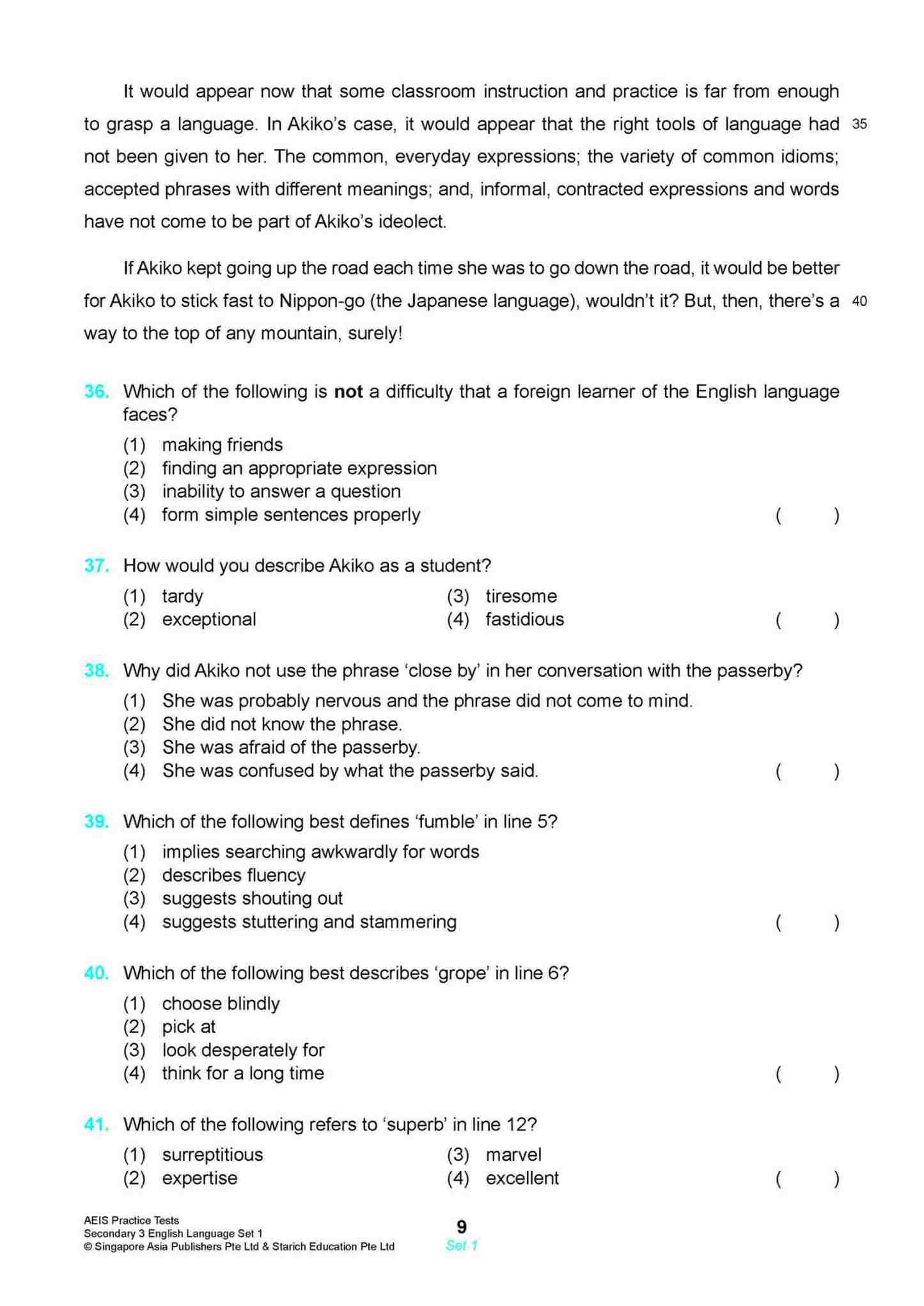 AEIS Practice Tests ENGLISH – Secondary 3 (14 to 16+ Years)