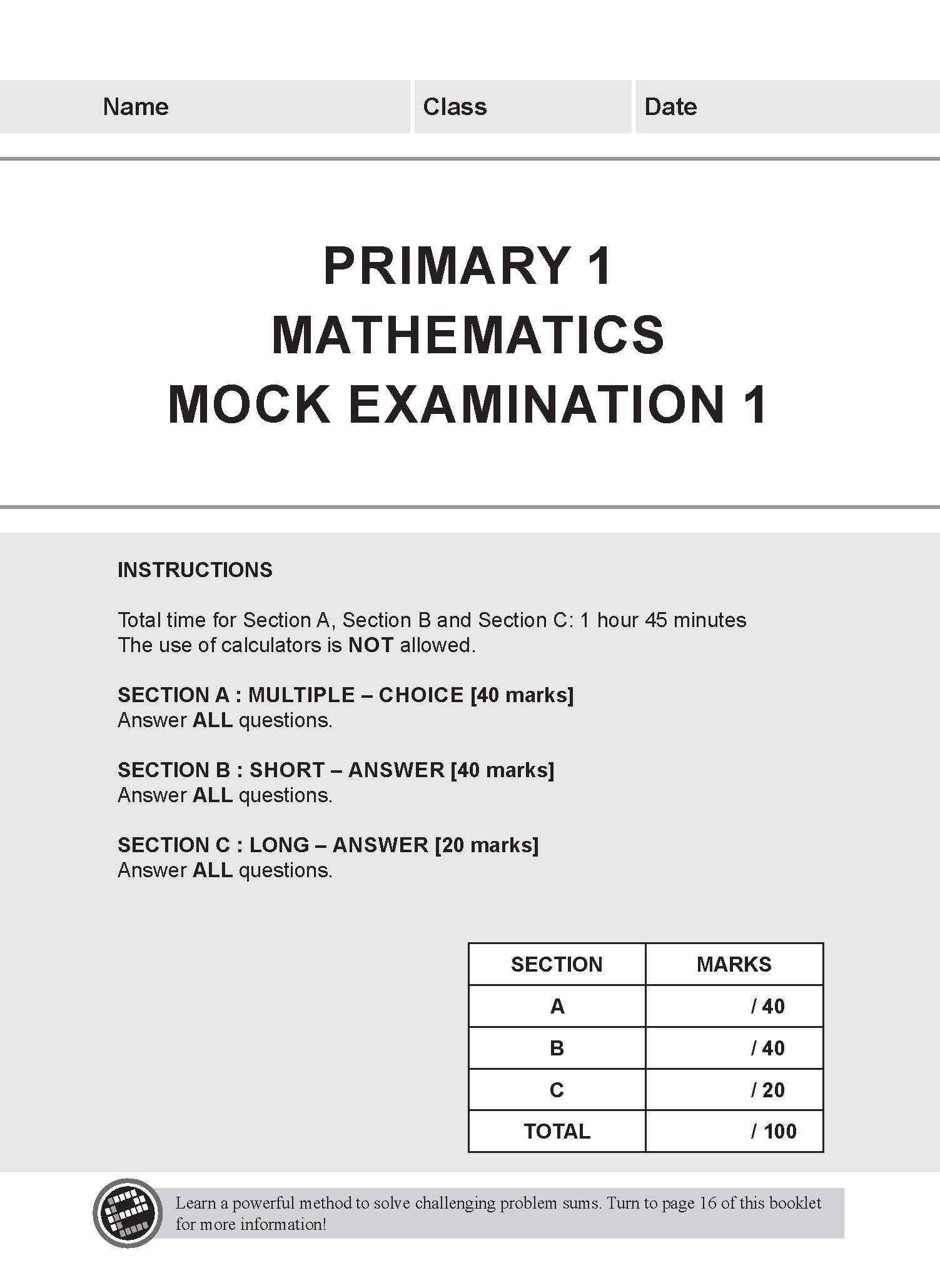 Learning+ Primary 1 Mathematics Mock Examinations