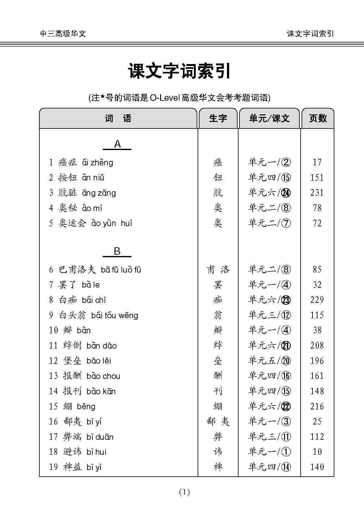 中学三年级高级华文课文字词手册 (A Handbook of Vocabulary For Secondary 3 Higher Chinese)