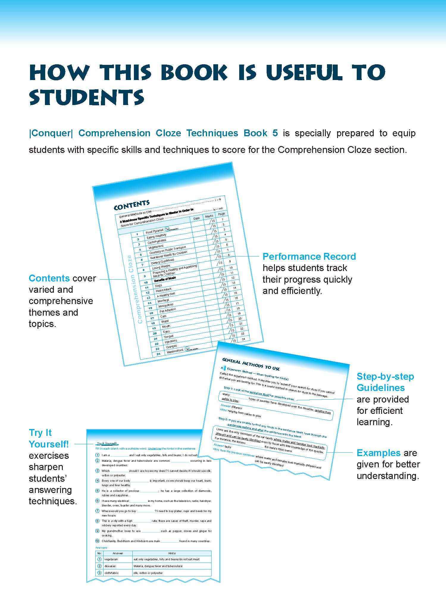 Conquer COMPREHENSION CLOZE TECHNIQUES Book 5