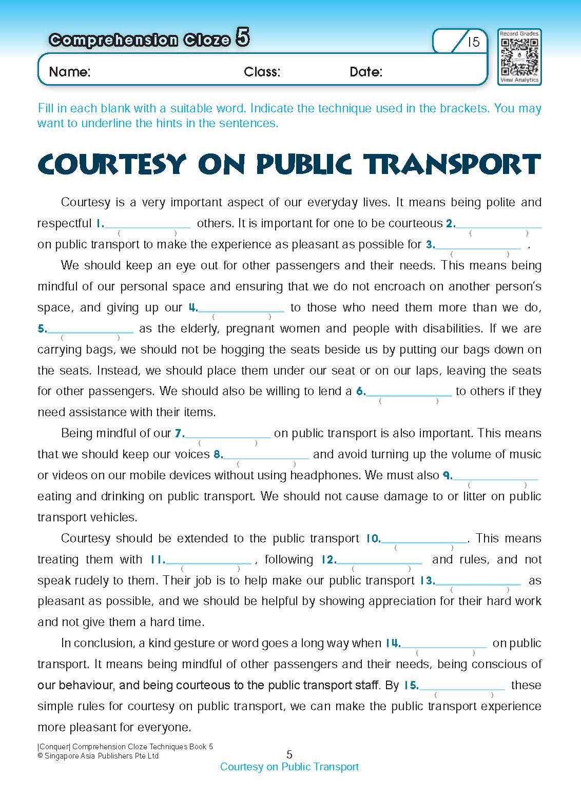 Conquer COMPREHENSION CLOZE TECHNIQUES Book 5