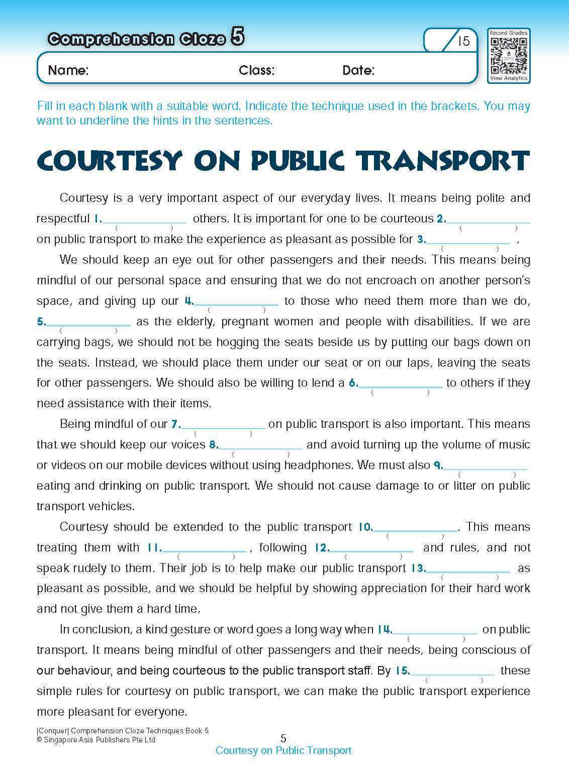 Conquer COMPREHENSION CLOZE TECHNIQUES Book 5