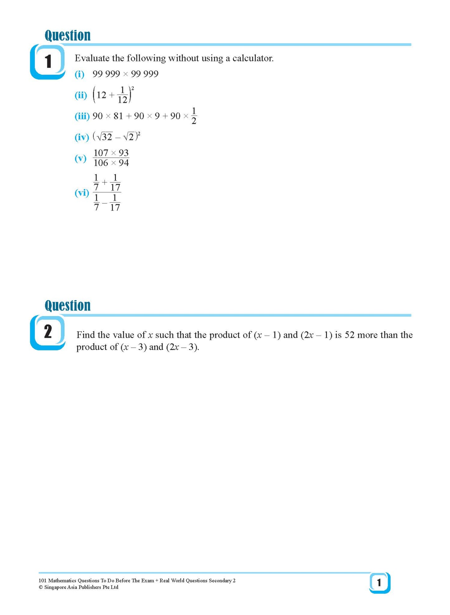 101 Mathematics Questions To Do Before The Exam + Real World Questions Secondary 2
