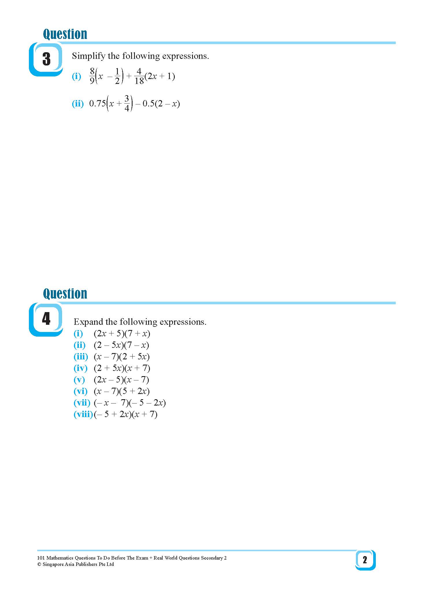 101 Mathematics Questions To Do Before The Exam + Real World Questions Secondary 2