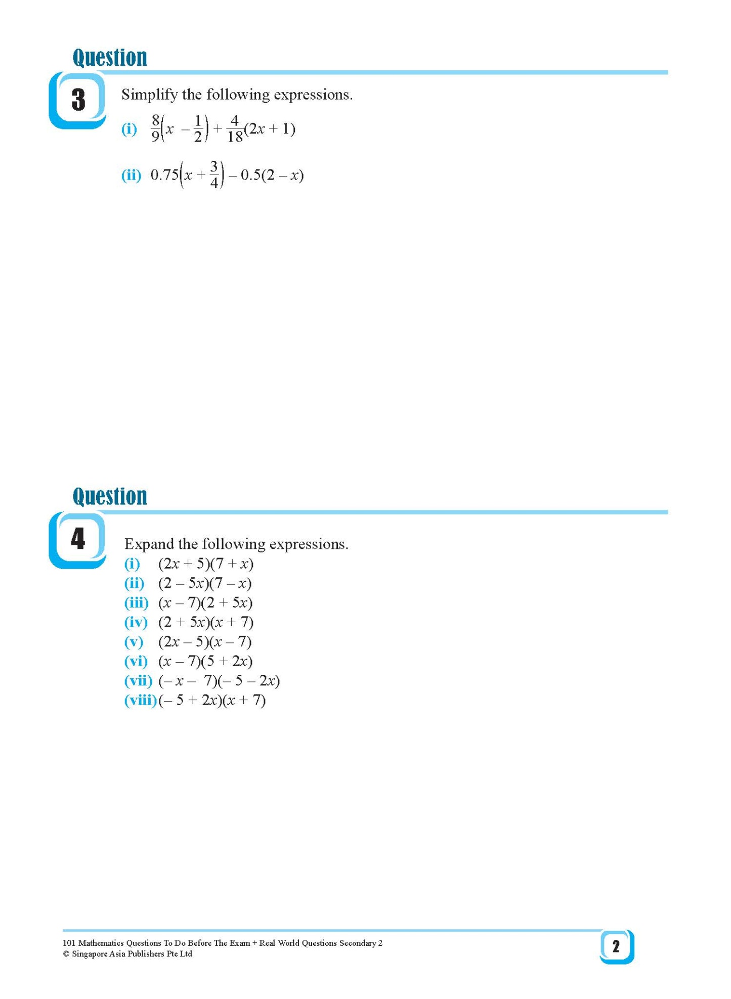 101 Mathematics Questions To Do Before The Exam + Real World Questions Secondary 2