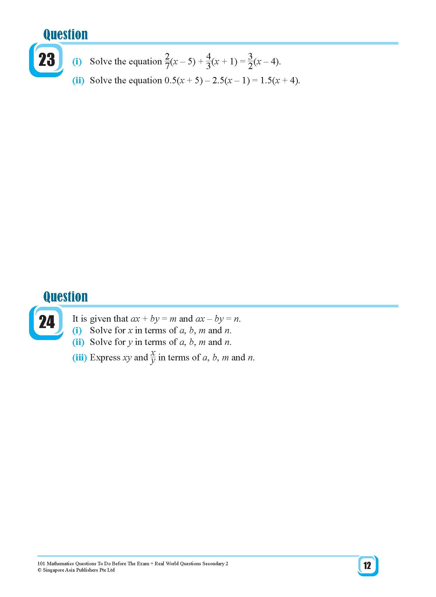 101 Mathematics Questions To Do Before The Exam + Real World Questions Secondary 2