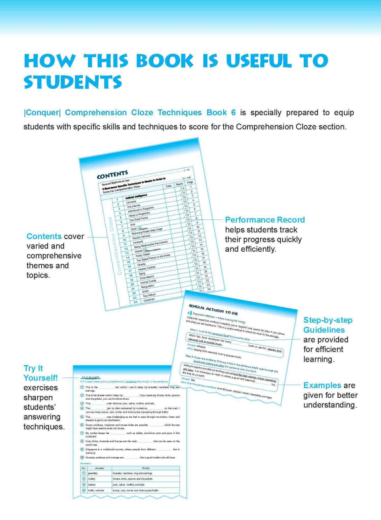 Conquer COMPREHENSION CLOZE TECHNIQUES Book 6