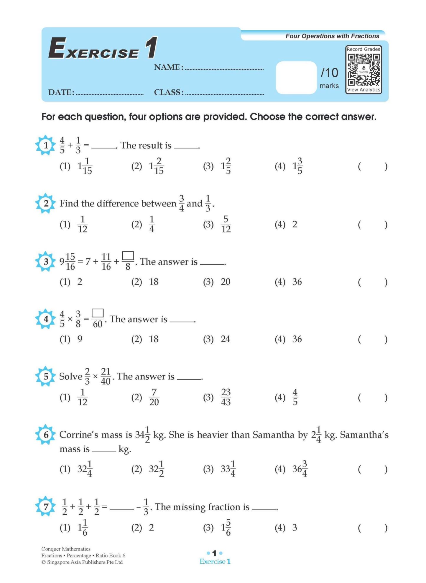 Conquer Mathematics Fractions . Percentage . Ratio Workbook 6