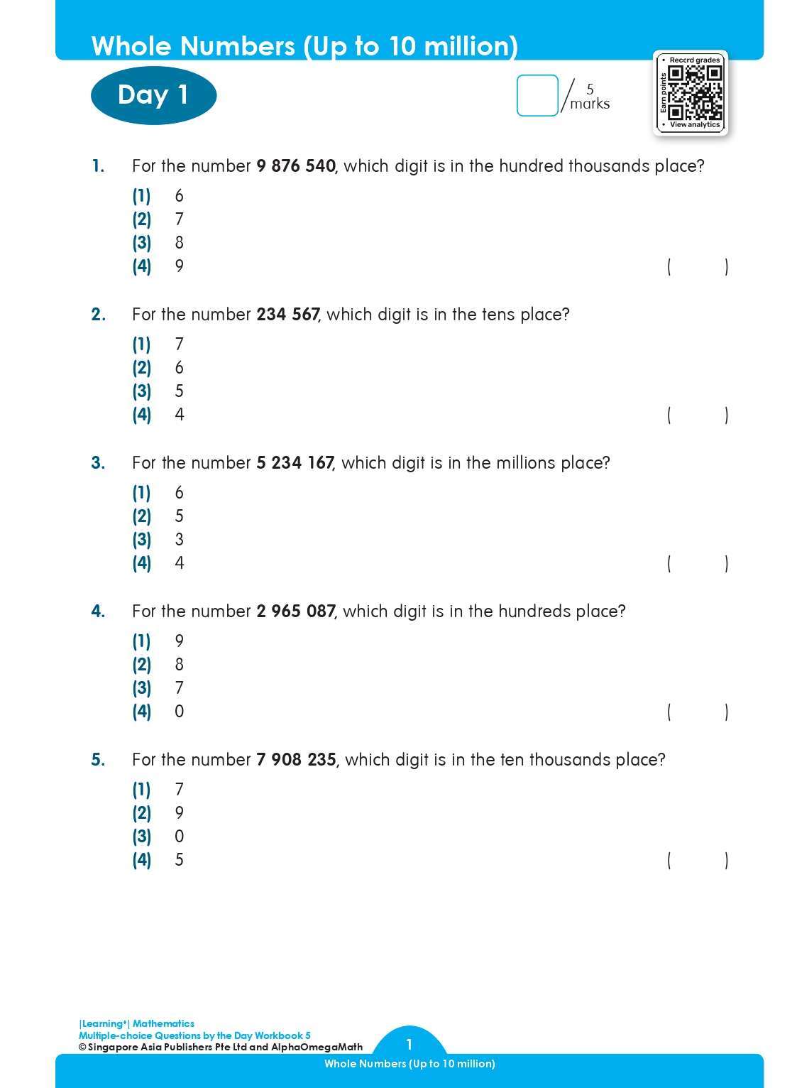 LEARNING+ MATHEMATICS Multiple-choice Questions by the DAY Workbook 5