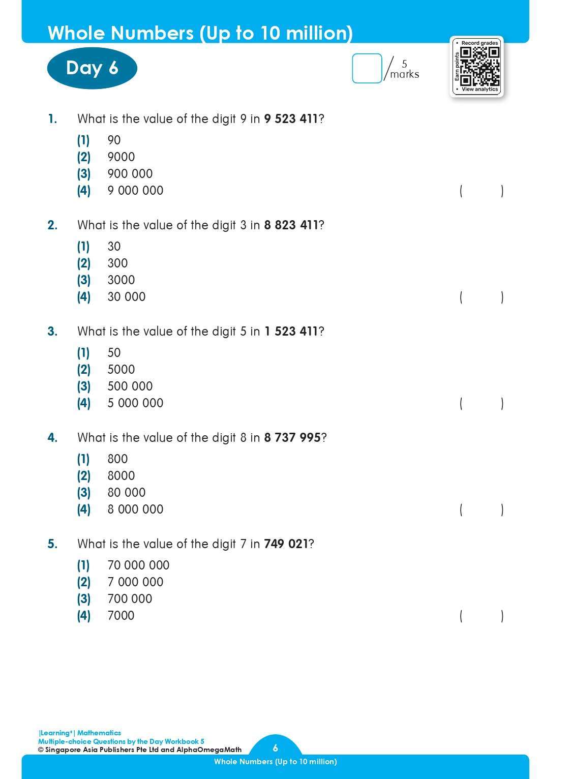 LEARNING+ MATHEMATICS Multiple-choice Questions by the DAY Workbook 5