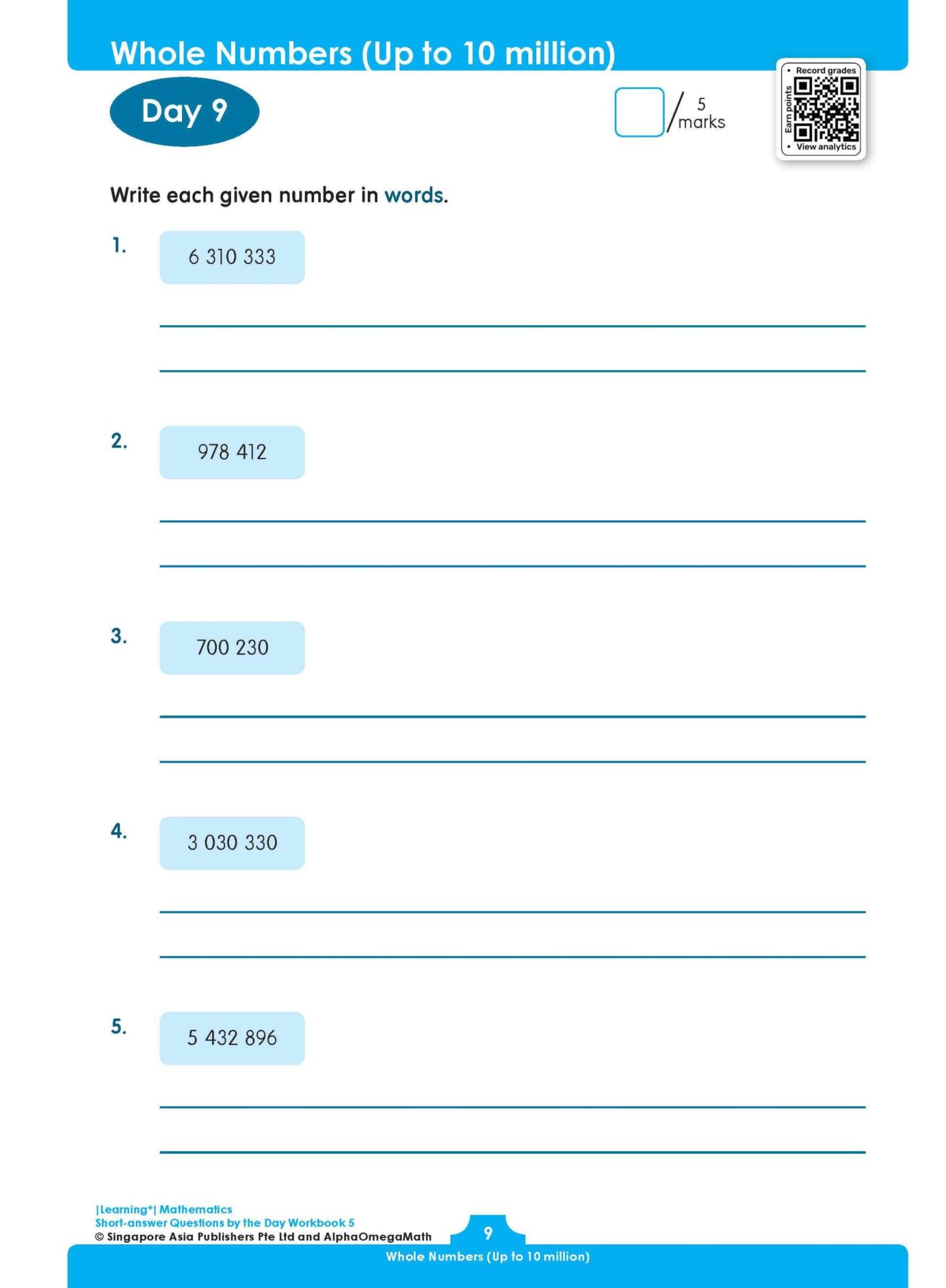LEARNING+ MATHEMATICS Short-answer Questions by the DAY Workbook 5