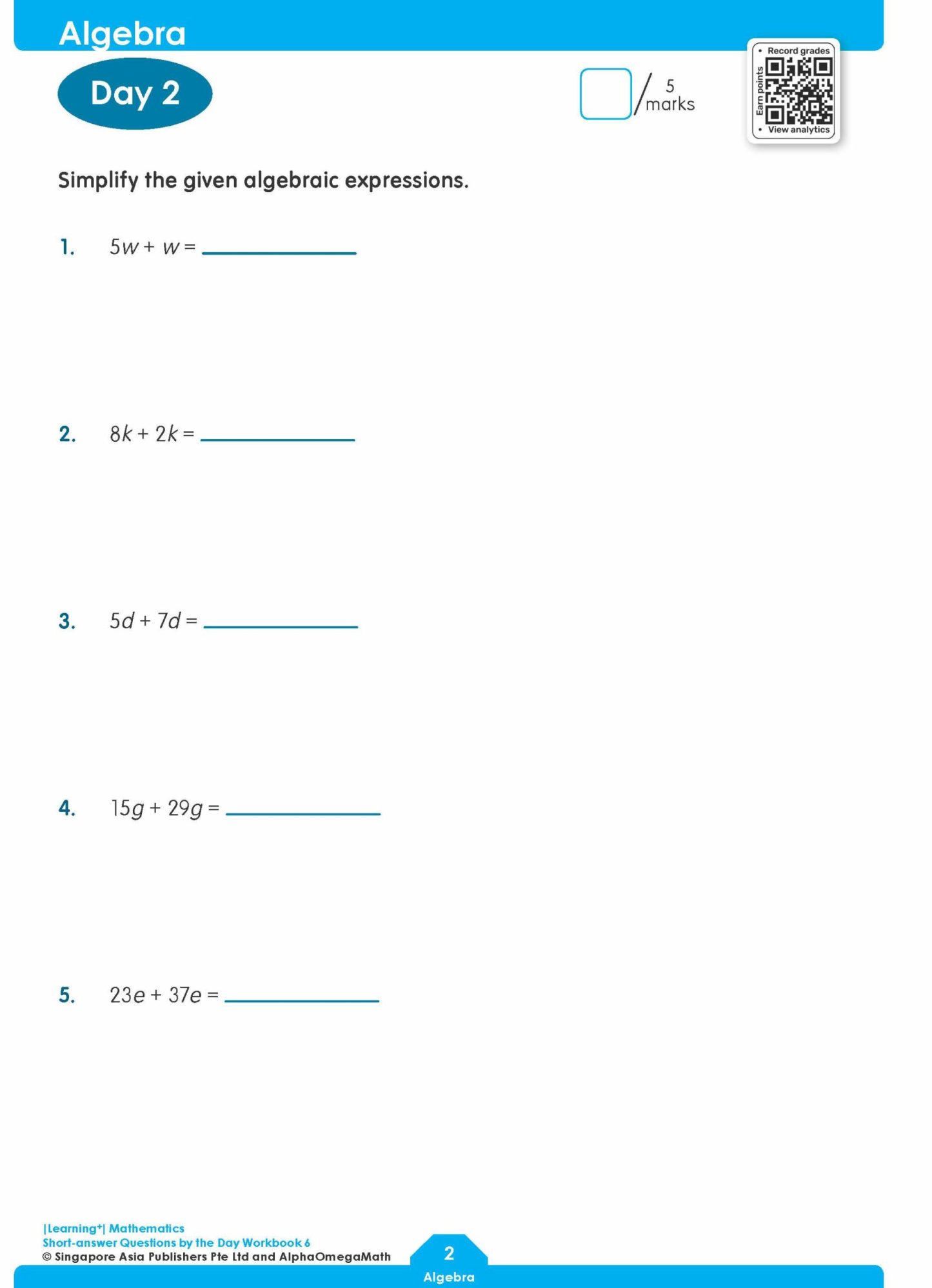LEARNING+ MATHEMATICS Short-answer Questions by the DAY Workbook 6