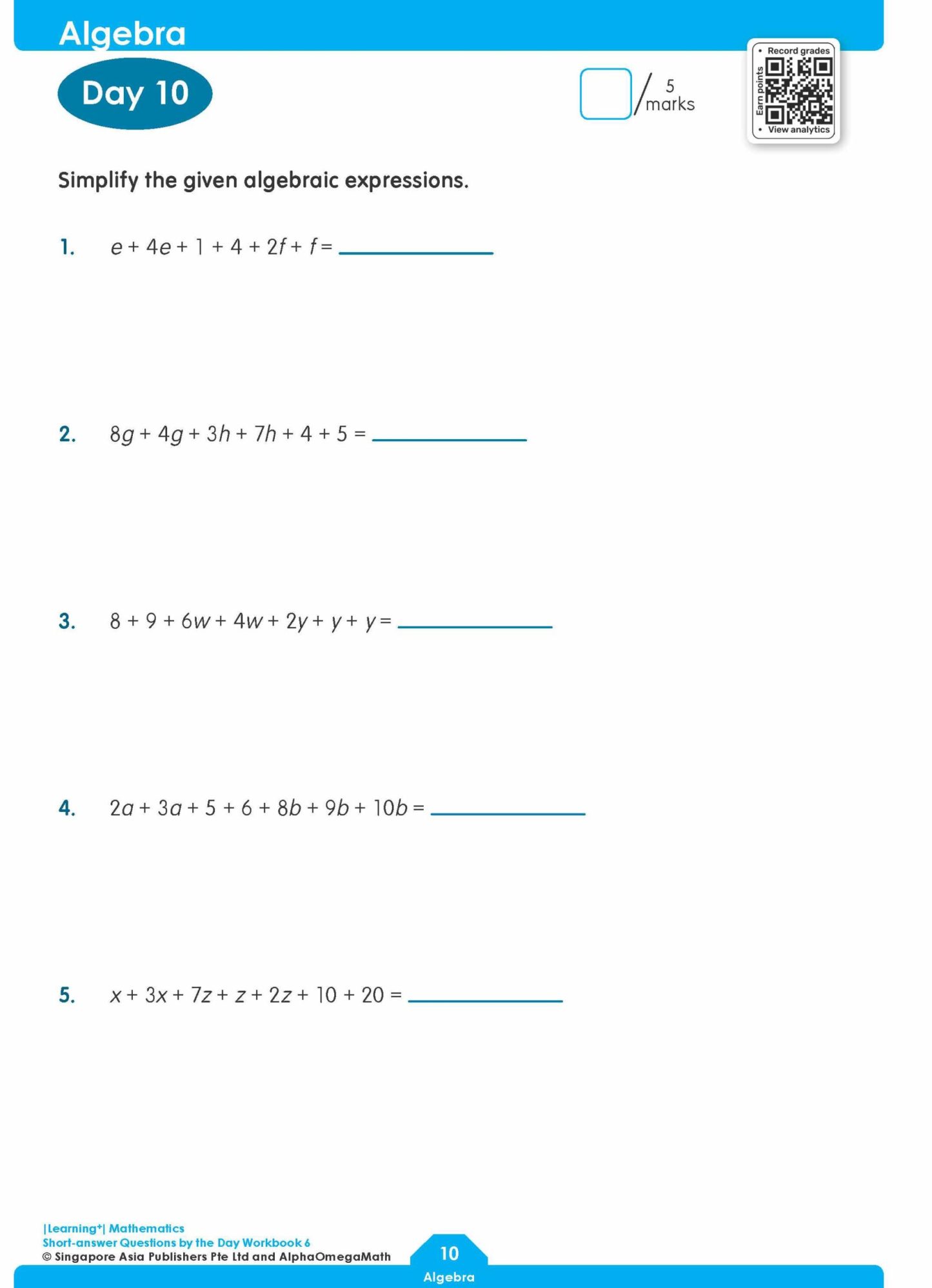LEARNING+ MATHEMATICS Short-answer Questions by the DAY Workbook 6