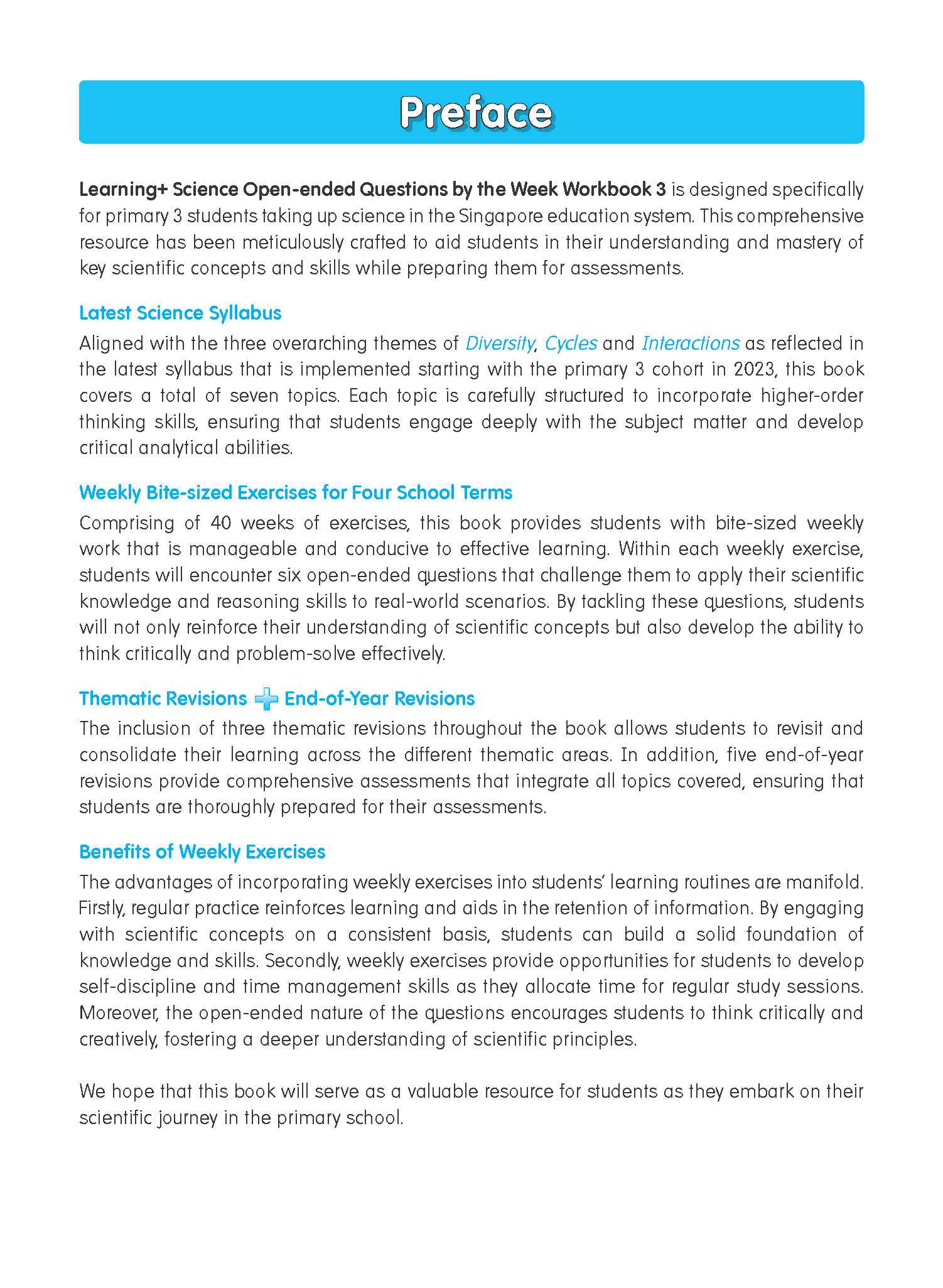 LEARNING+ SCIENCE Open-ended Questions by the WEEK Workbook 3