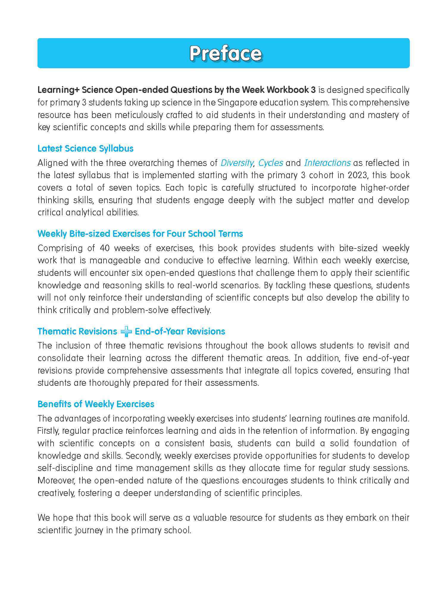 LEARNING+ SCIENCE Open-ended Questions by the WEEK Workbook 3