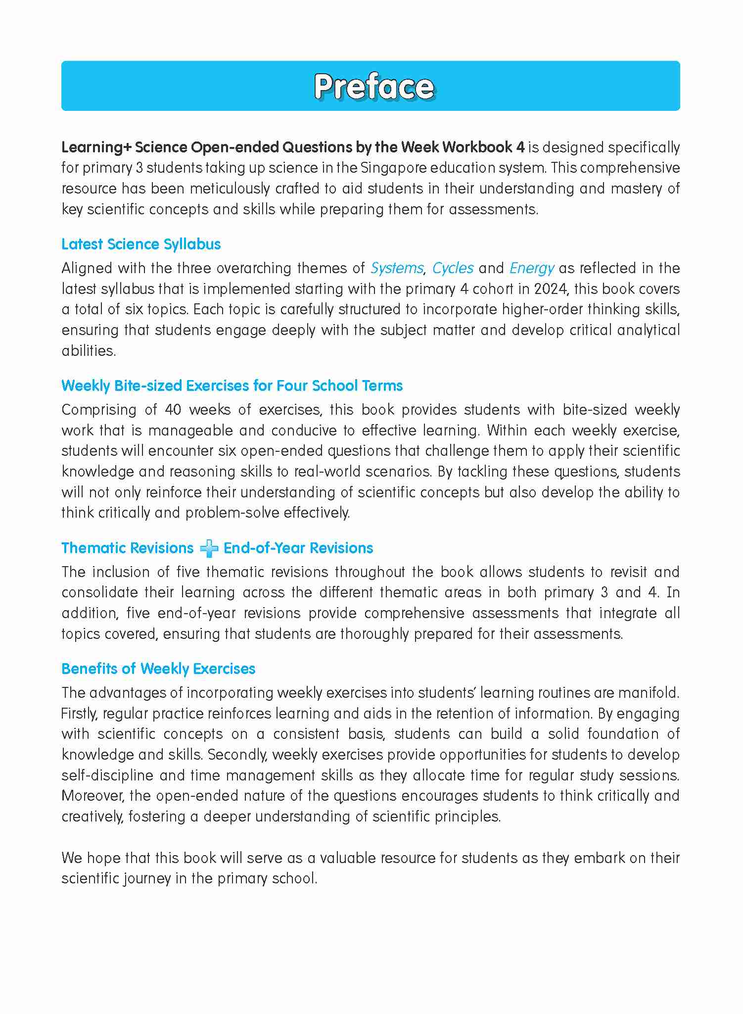 LEARNING+ SCIENCE Open-ended Questions by the WEEK Workbook 4