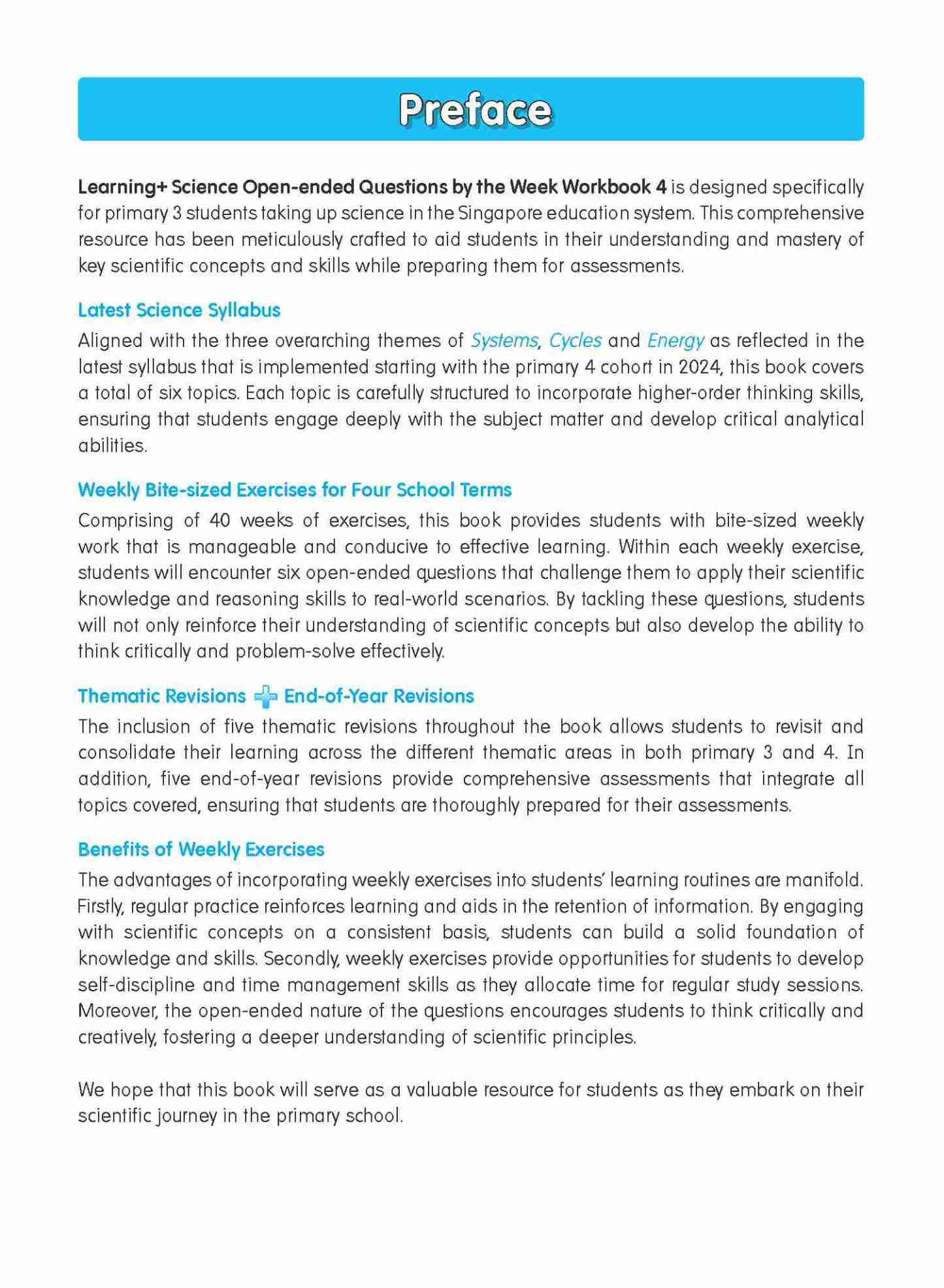 LEARNING+ SCIENCE Open-ended Questions by the WEEK Workbook 4