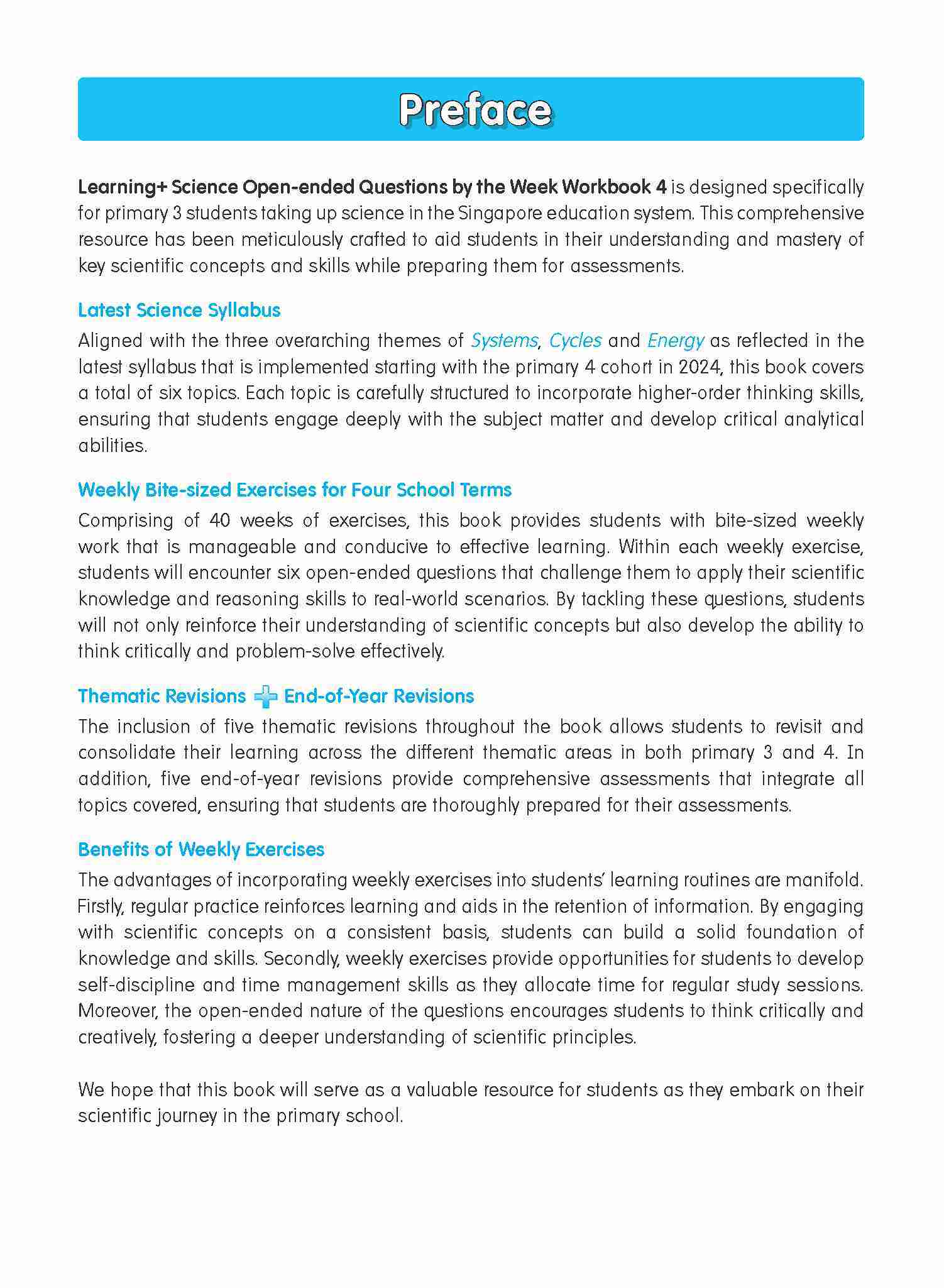 LEARNING+ SCIENCE Open-ended Questions by the WEEK Workbook 4