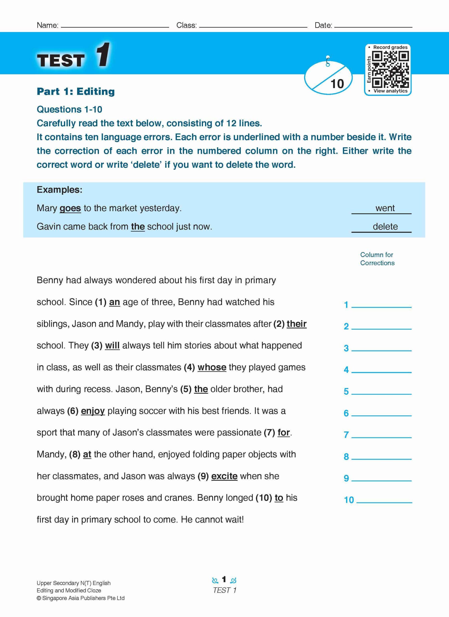 Upper Secondary N(T) English Editing and Modified Cloze