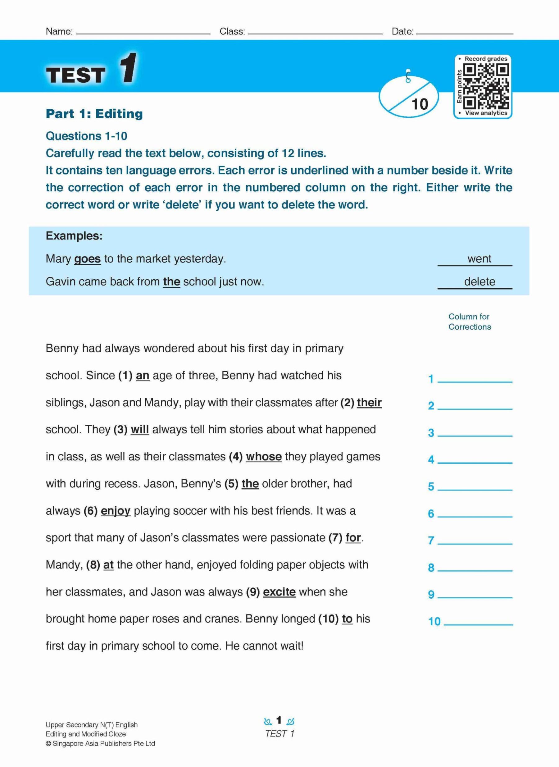 Upper Secondary N(T) English Editing and Modified Cloze