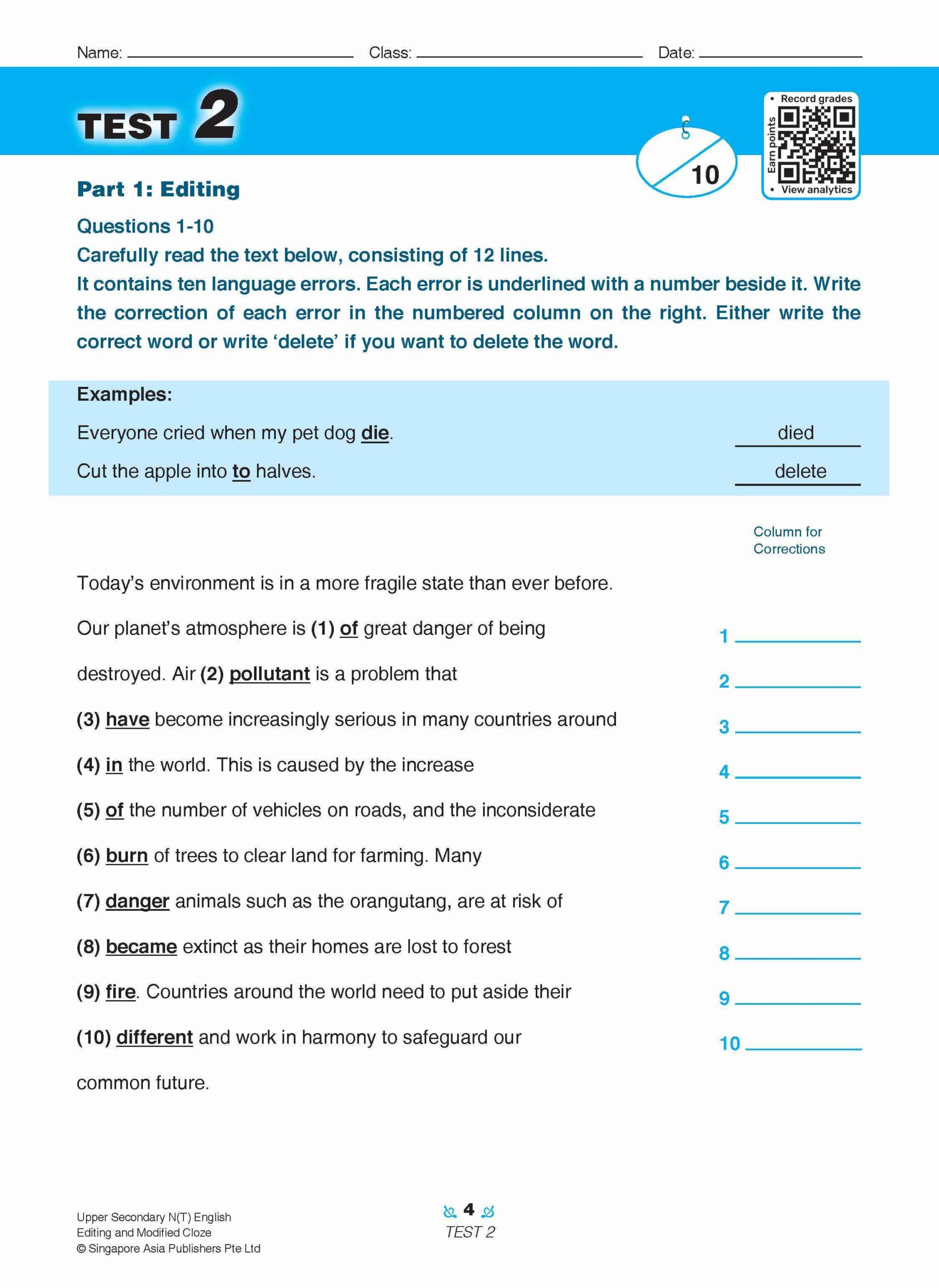 Upper Secondary N(T) English Editing and Modified Cloze