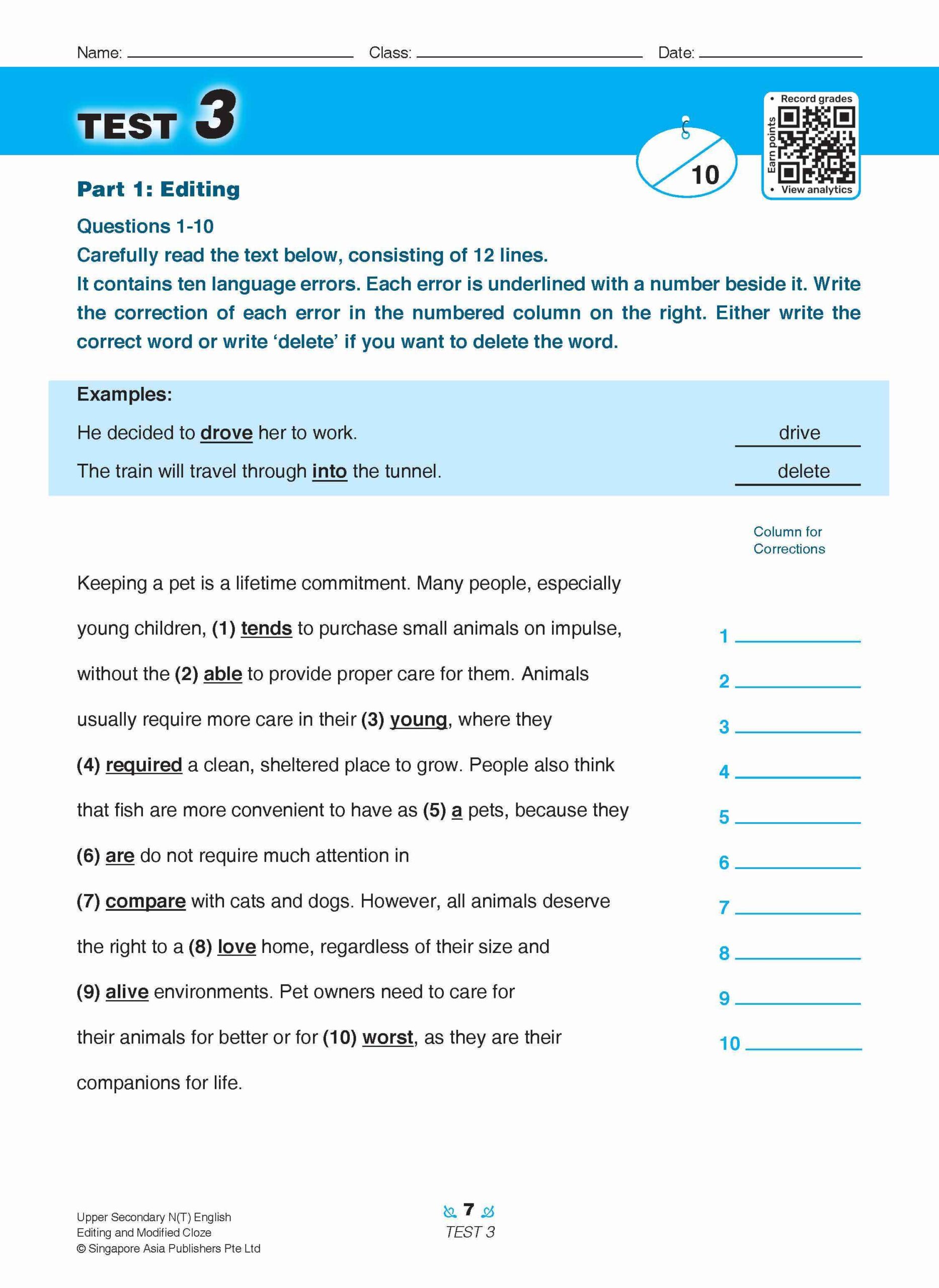 Upper Secondary N(T) English Editing and Modified Cloze