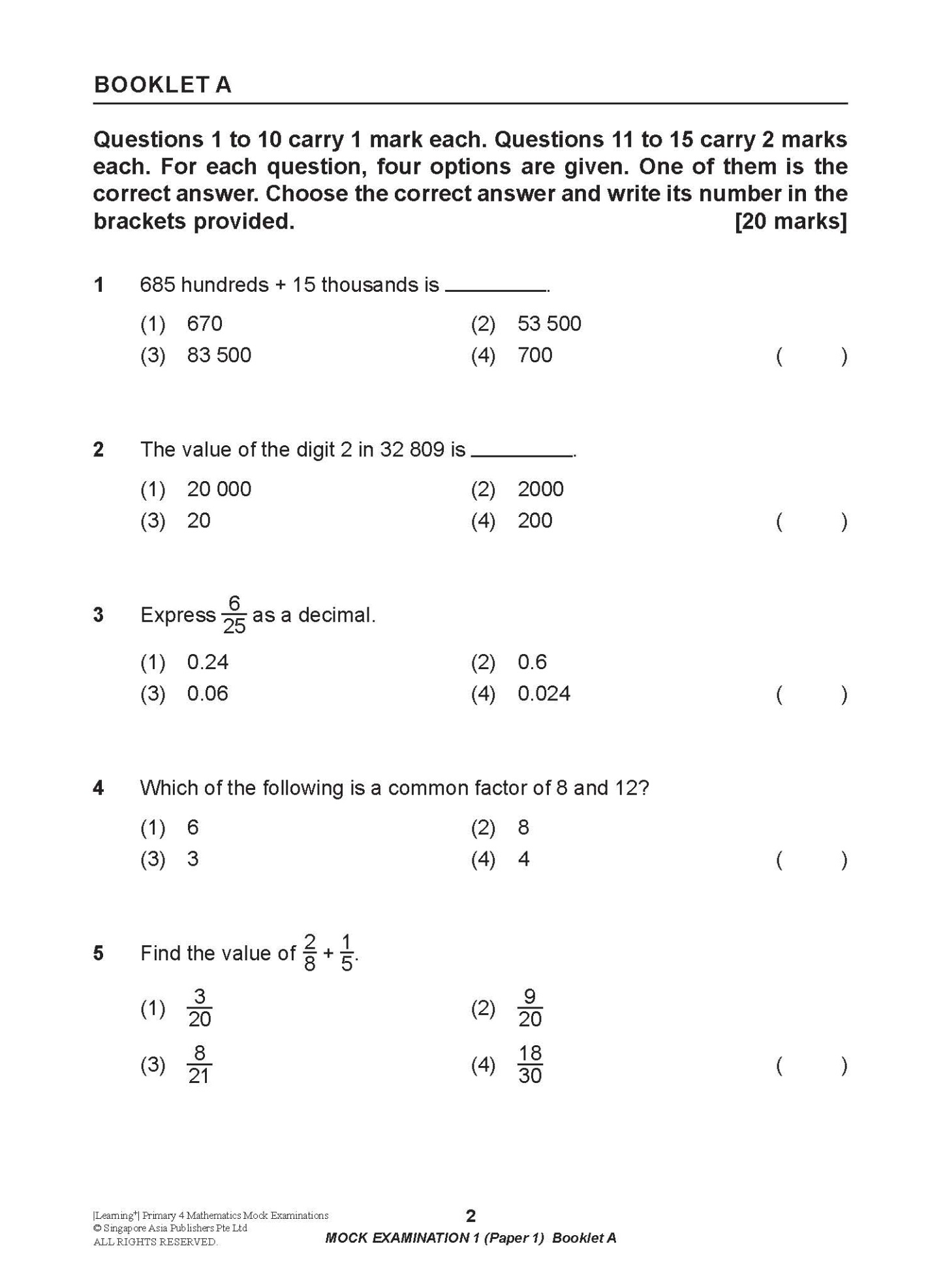 LEARNING+ Primary 4 Mathematics Mock Examinations