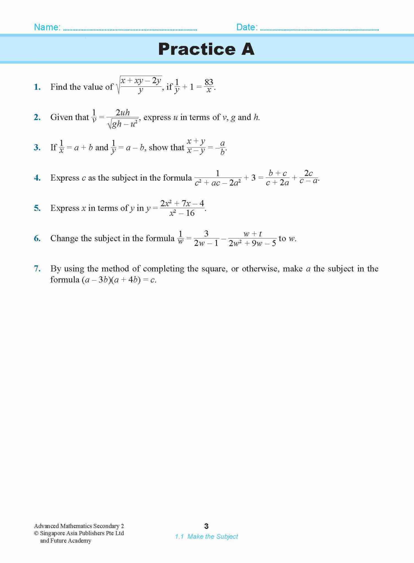 ADVANCED MATHEMATICS FOR G3 AND IP STUDENTS SECONDARY 2