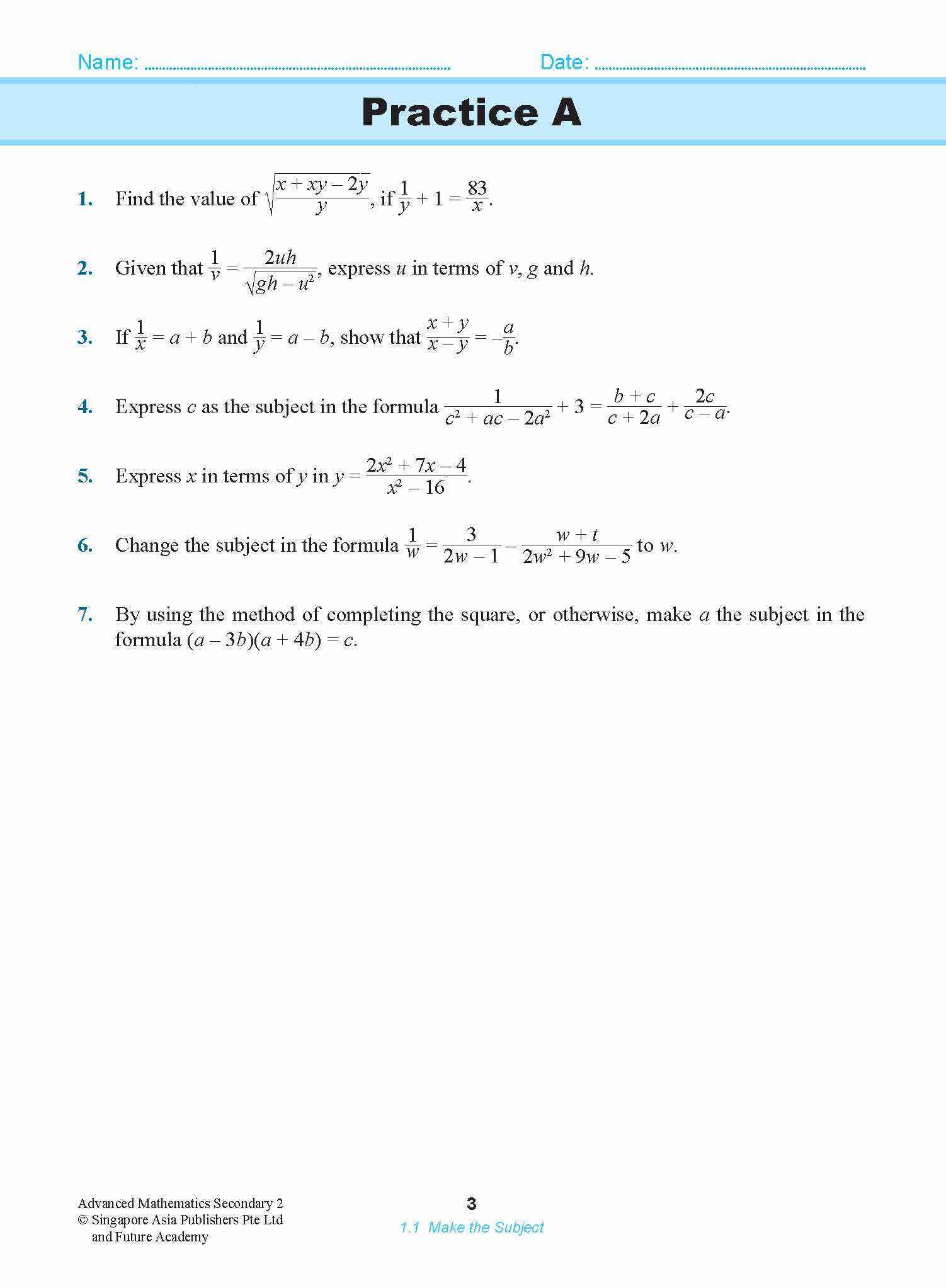 ADVANCED MATHEMATICS FOR G3 AND IP STUDENTS SECONDARY 2