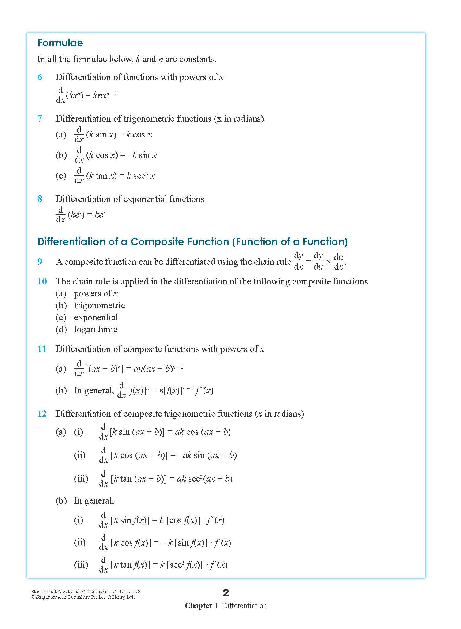 STUDY SMART Additional Mathematics CALCULUS For Upper Secondary Levels