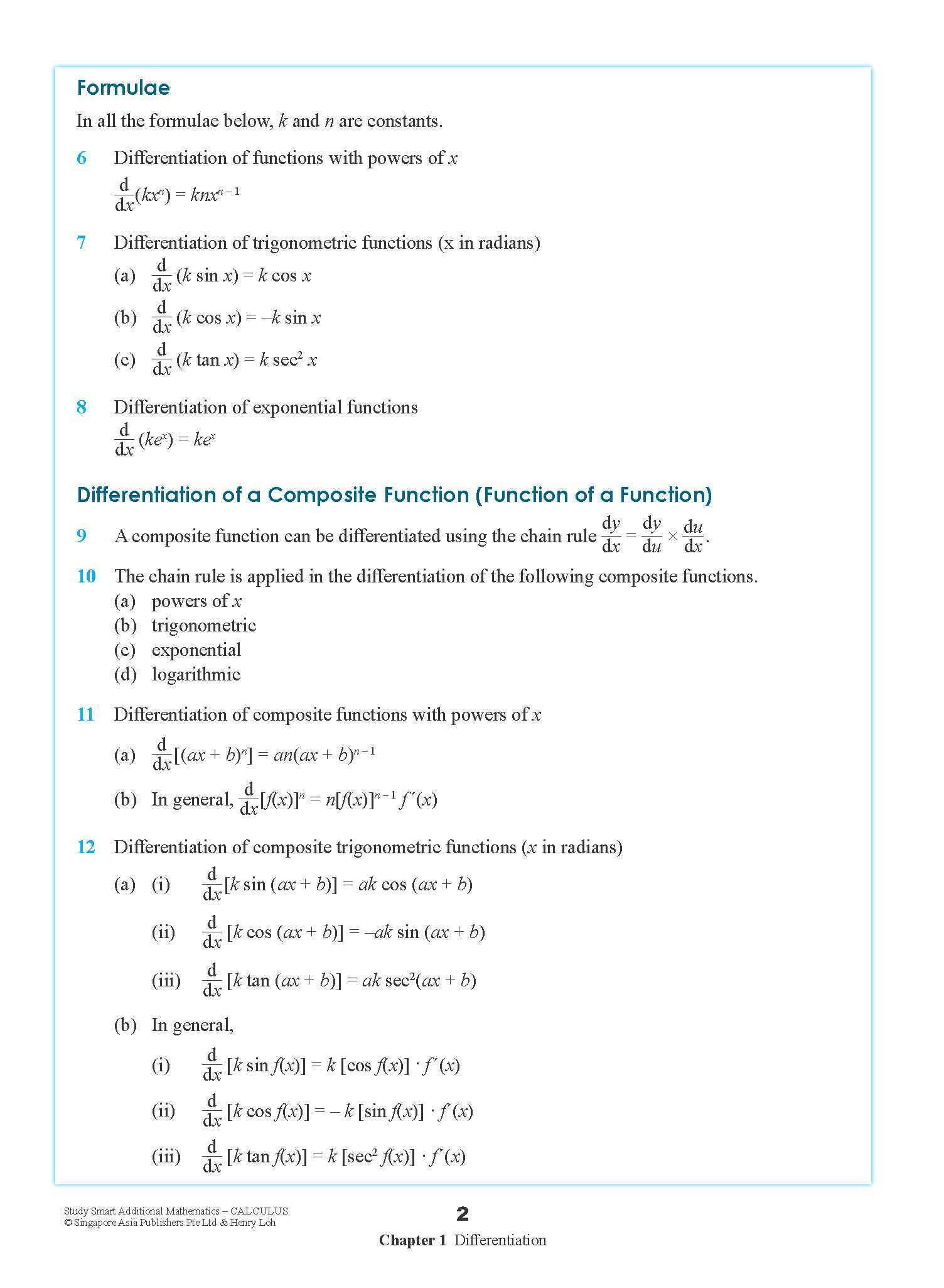 STUDY SMART Additional Mathematics CALCULUS For Upper Secondary Levels