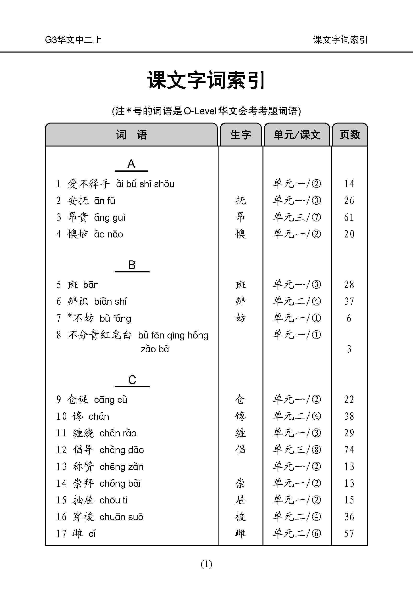 中学二年级 G3华文 课文字词手册 (二上) / A Handbook Of Vocabulary For Secondary 2A [G3 Chinese]