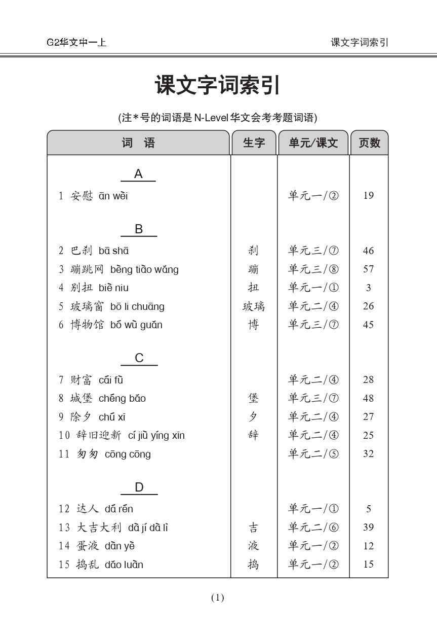 中学一年级G2华文课文字词手册 (一上) (A Handbook of Vocabulary For Secondary 1A [G2 Chinese])
