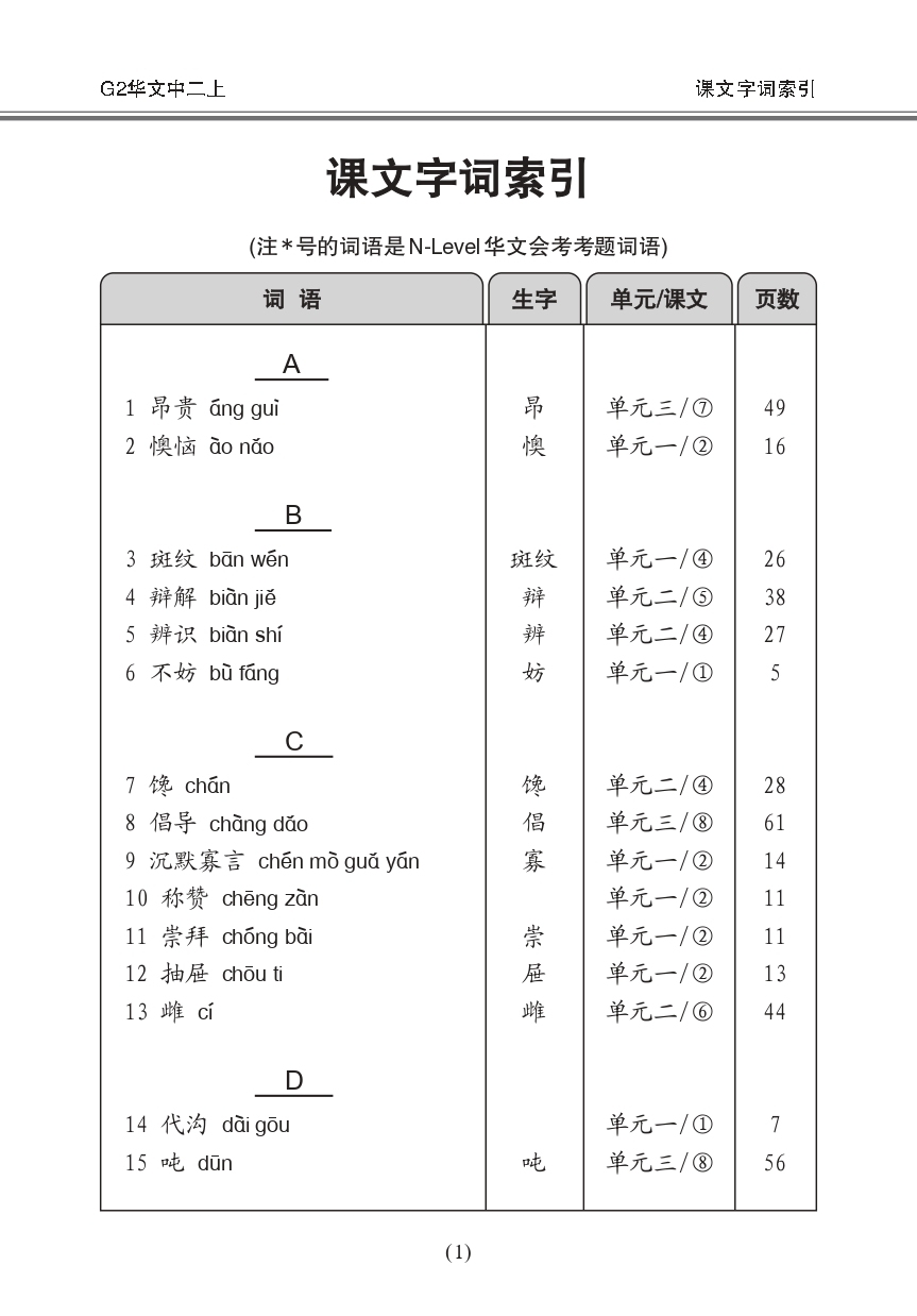 中学二年级G2华文课文字词手册 (二上) (A Handbook of Vocabulary For Secondary 2A [G2 Chinese])