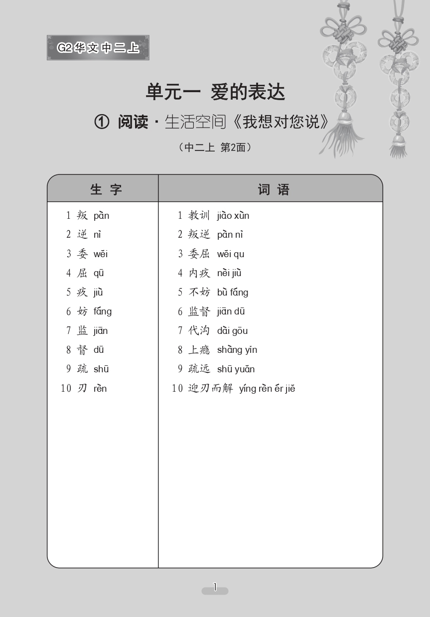 中学二年级G2华文课文字词手册 (二上) (A Handbook of Vocabulary For Secondary 2A [G2 Chinese])