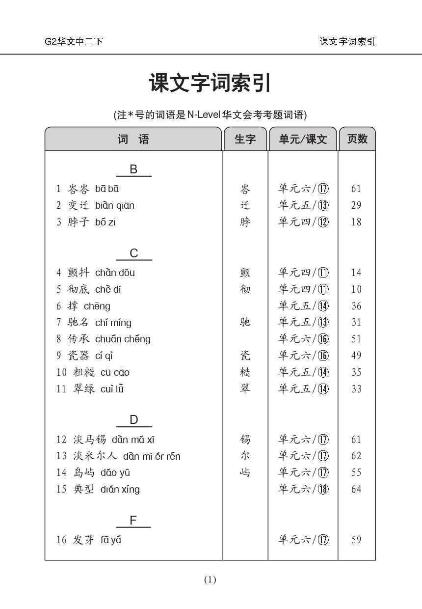 中学二年级G2华文课文字词手册 (二下) (A Handbook of Vocabulary For Secondary 2B[G2 Chinese])