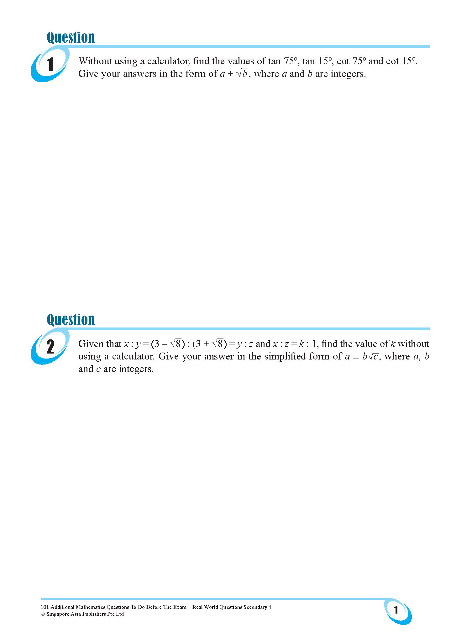 101 Additional Mathematics Questions To Do Before The Exam + Real World Questions Secondary 4