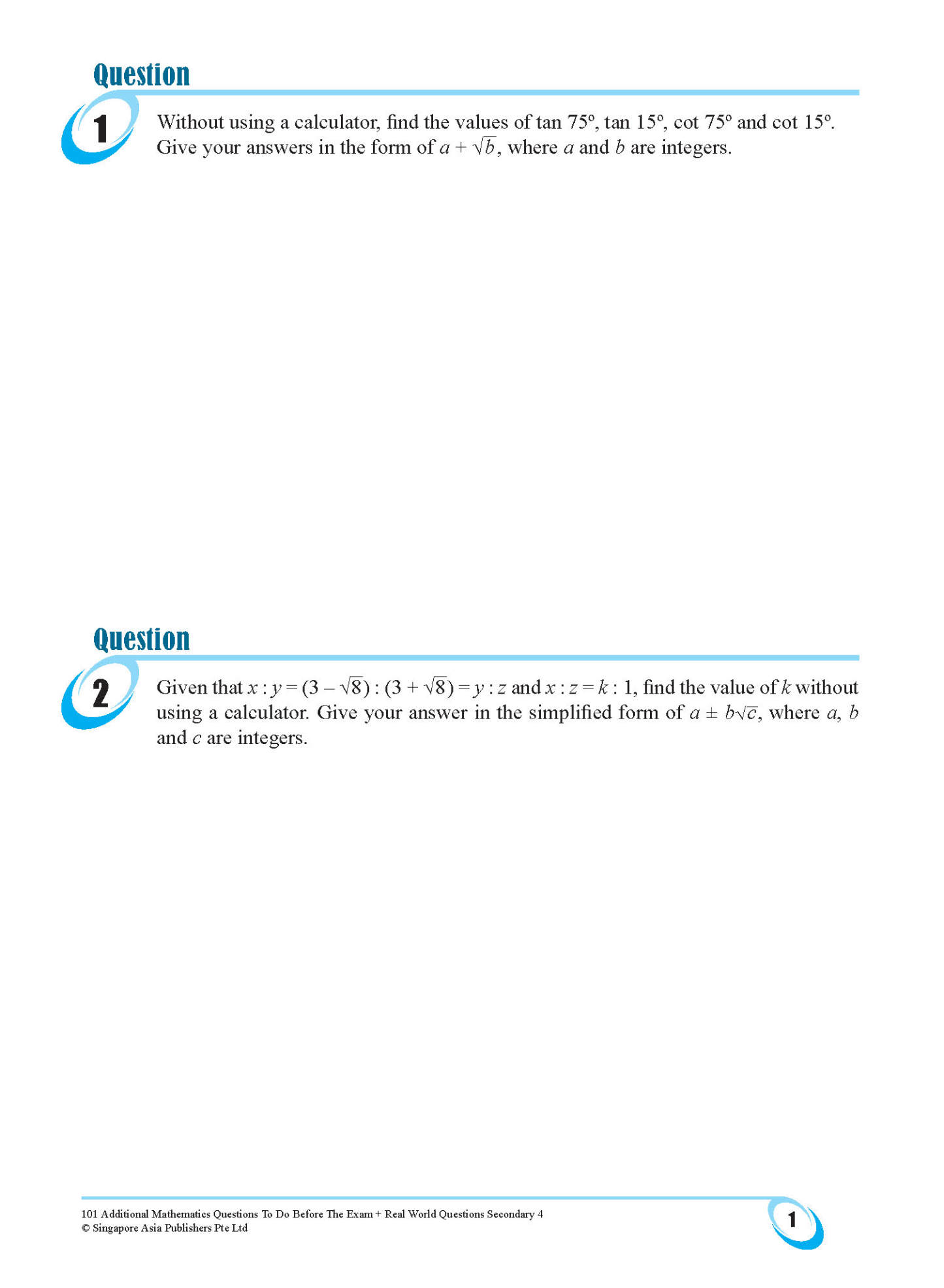 101 Additional Mathematics Questions To Do Before The Exam + Real World Questions Secondary 4