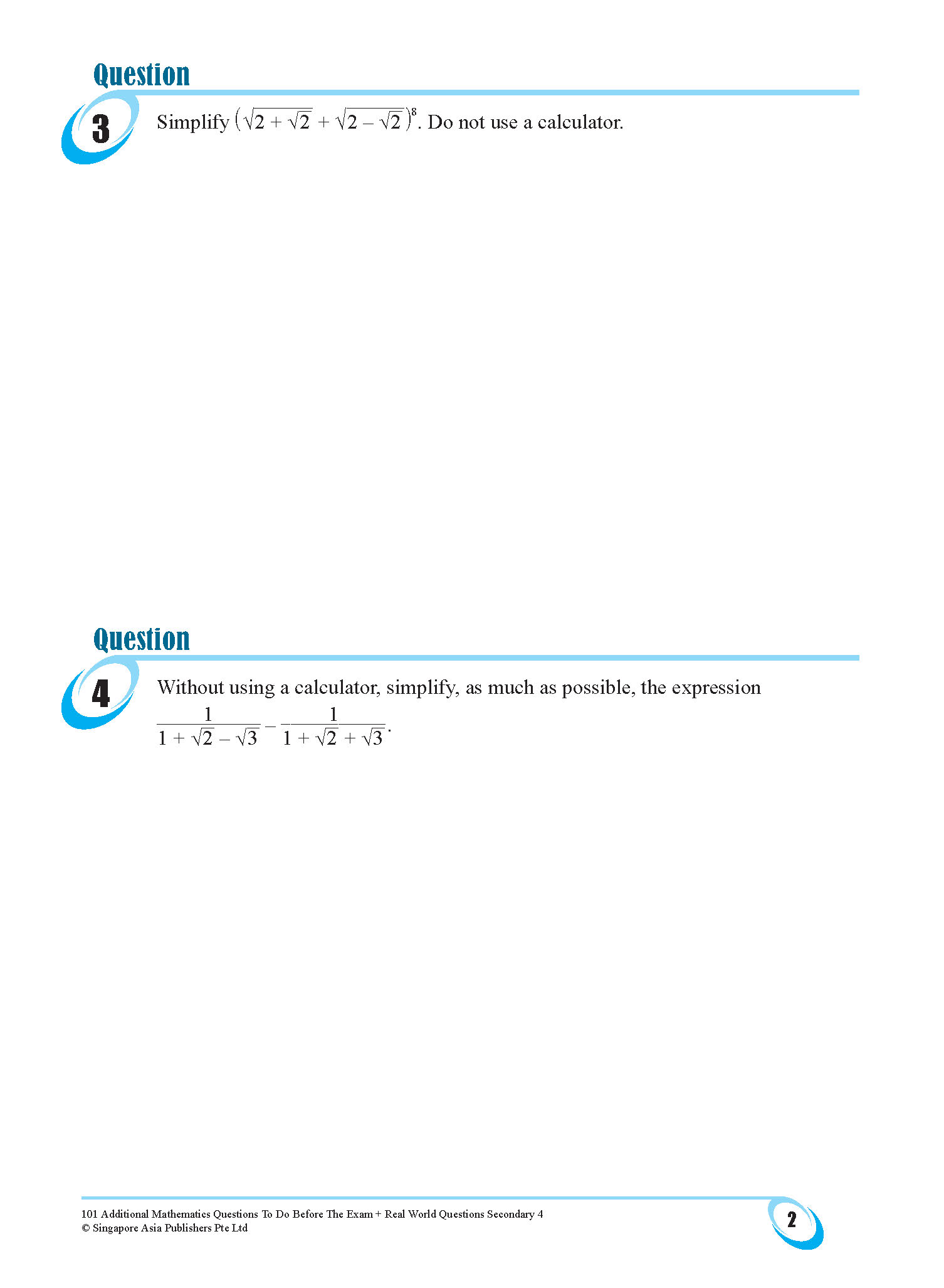 101 Additional Mathematics Questions To Do Before The Exam + Real World Questions Secondary 4