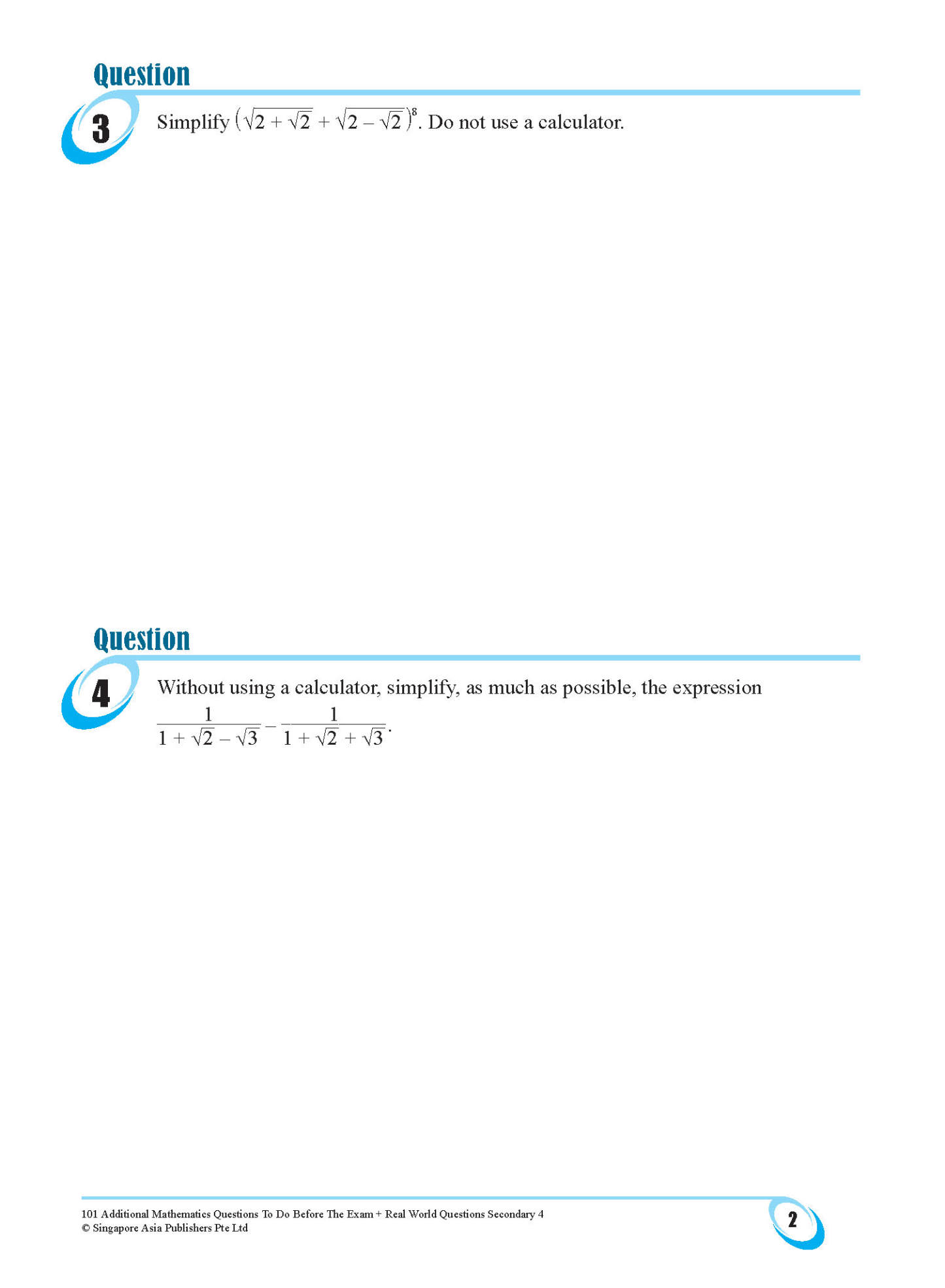 101 Additional Mathematics Questions To Do Before The Exam + Real World Questions Secondary 4