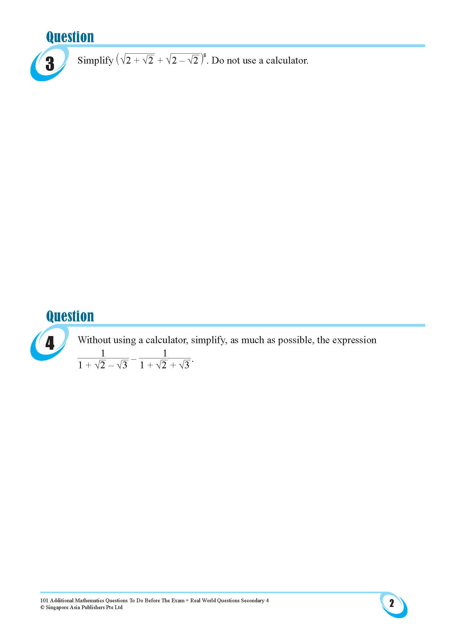 101 Additional Mathematics Questions To Do Before The Exam + Real World Questions Secondary 4