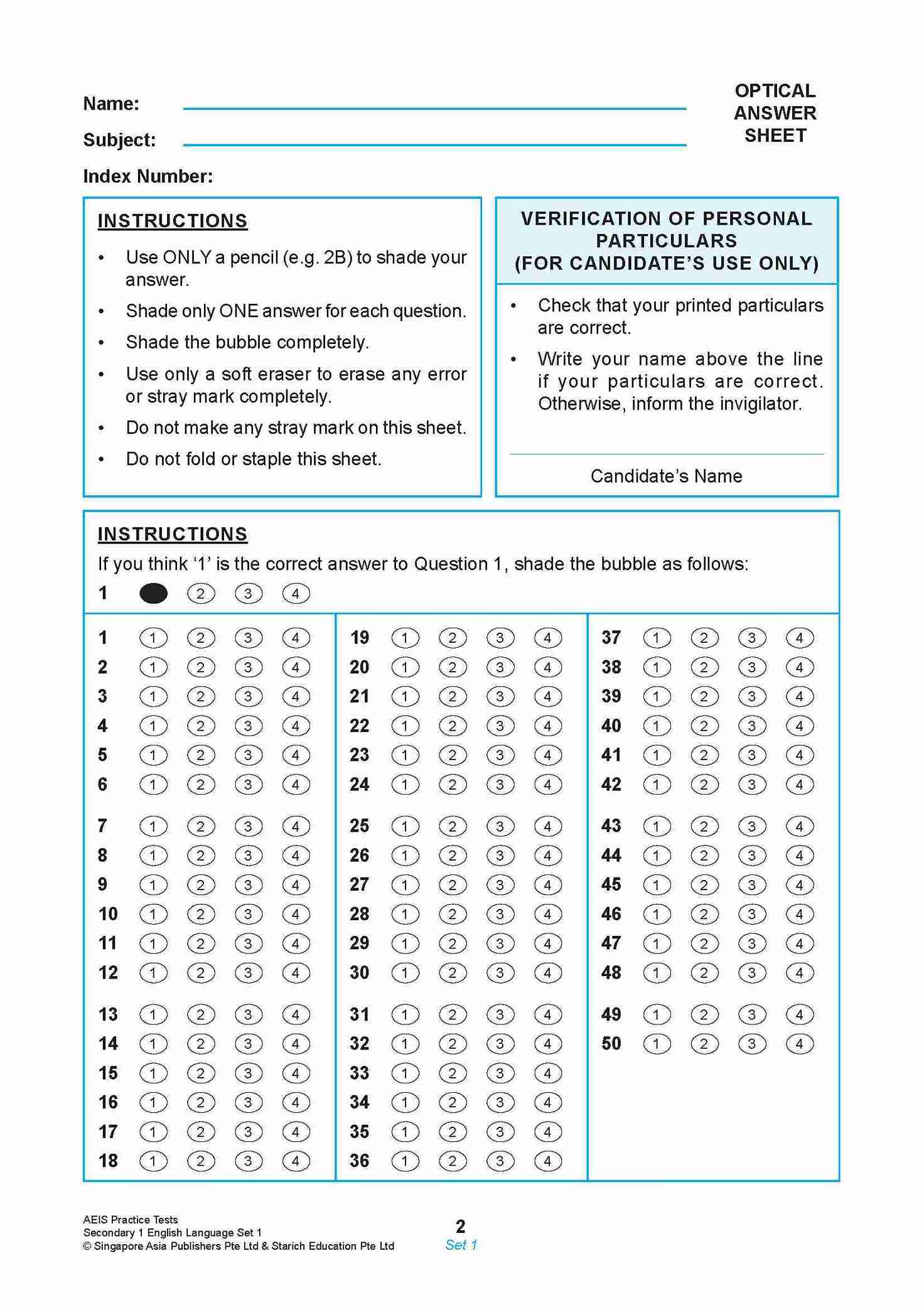AEIS Practice Tests ENGLISH – Secondary 1 (12 to 14+ Years)