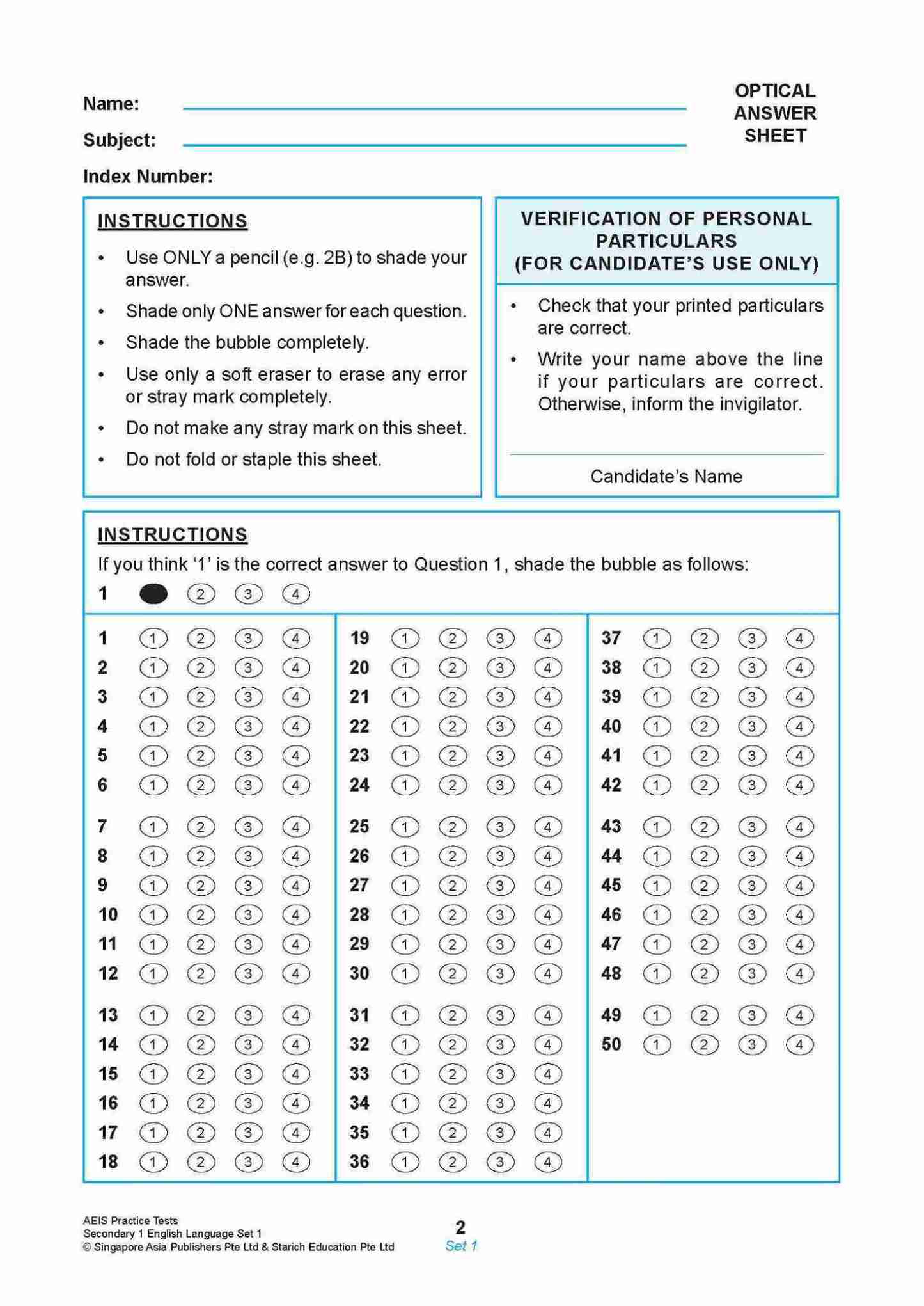 AEIS Practice Tests ENGLISH – Secondary 1 (12 to 14+ Years)