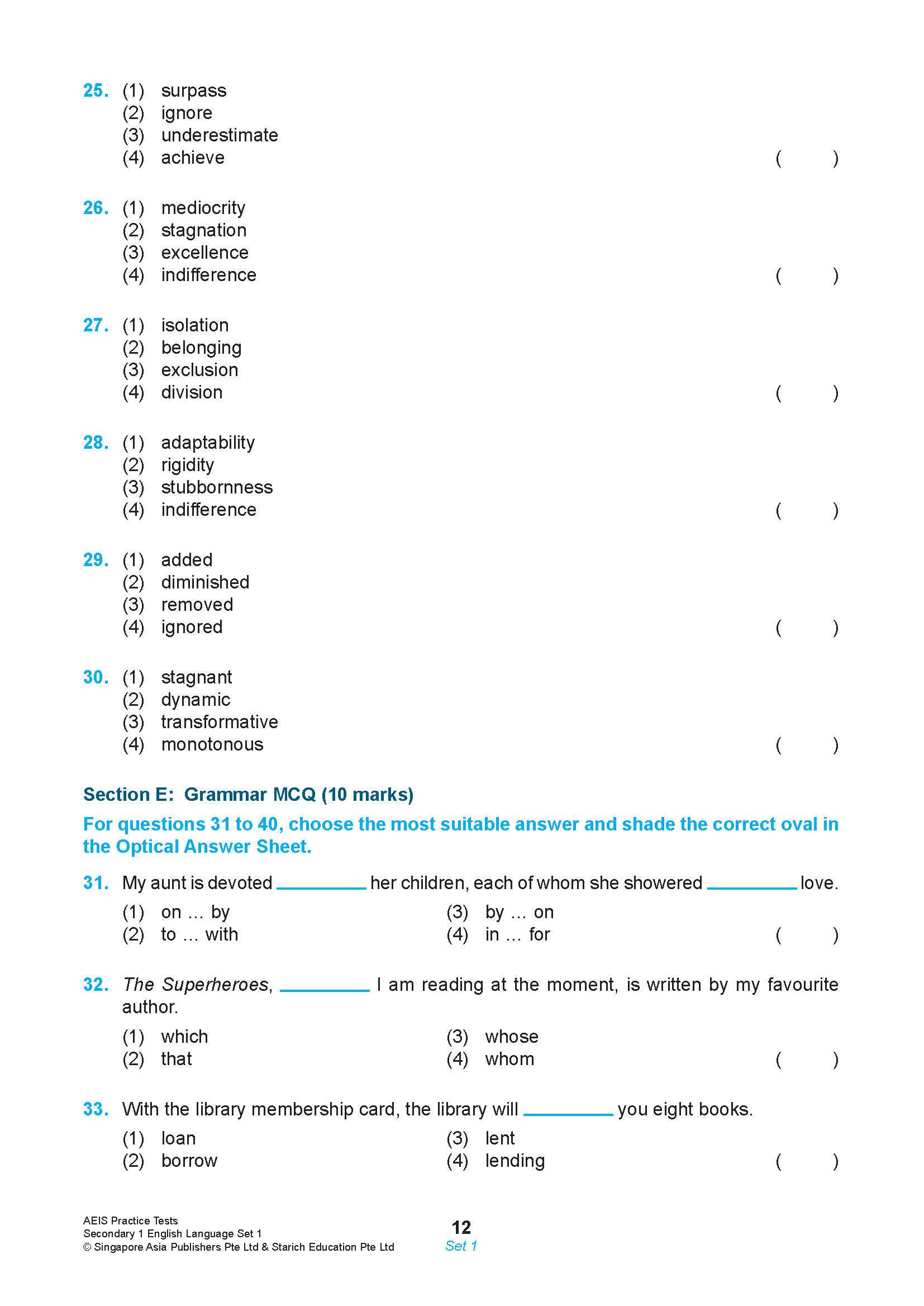 AEIS Practice Tests ENGLISH – Secondary 1 (12 to 14+ Years)