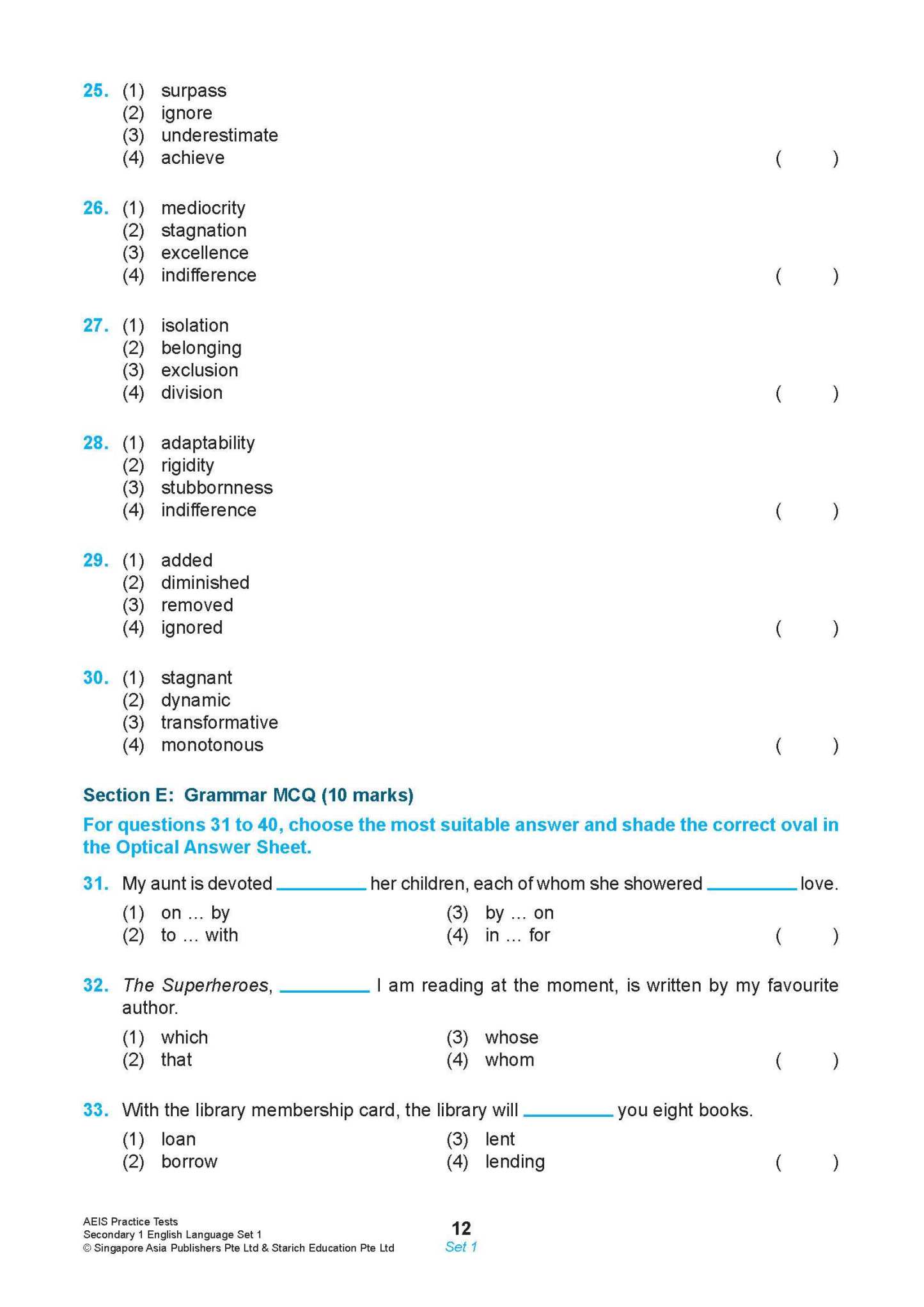 AEIS Practice Tests ENGLISH – Secondary 1 (12 to 14+ Years)