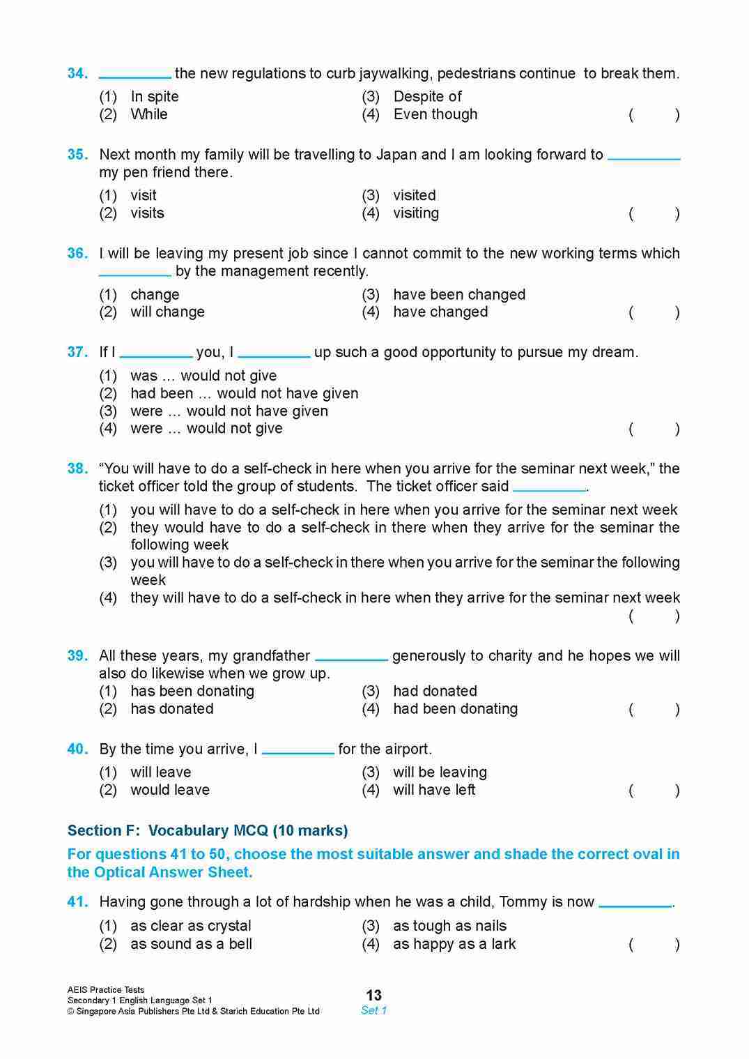 AEIS Practice Tests ENGLISH – Secondary 1 (12 to 14+ Years)