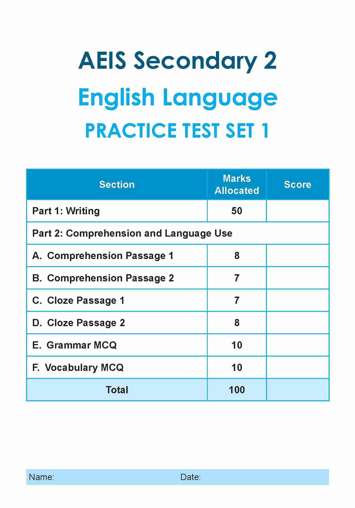 AEIS Practice Tests ENGLISH – Secondary 2 (13 to 15+ Years)