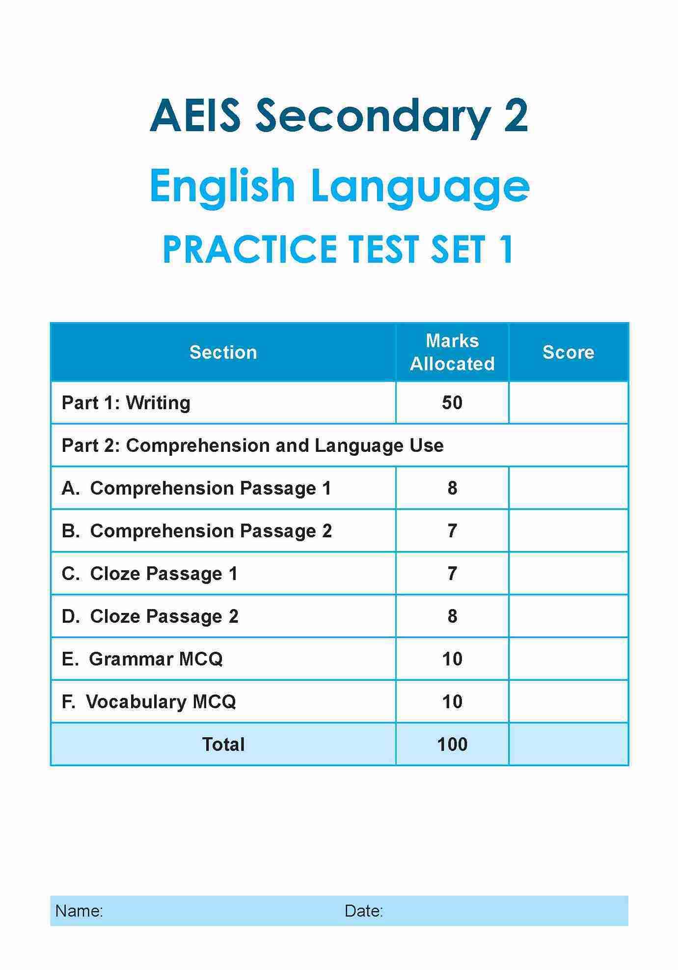 AEIS Practice Tests ENGLISH – Secondary 2 (13 to 15+ Years)