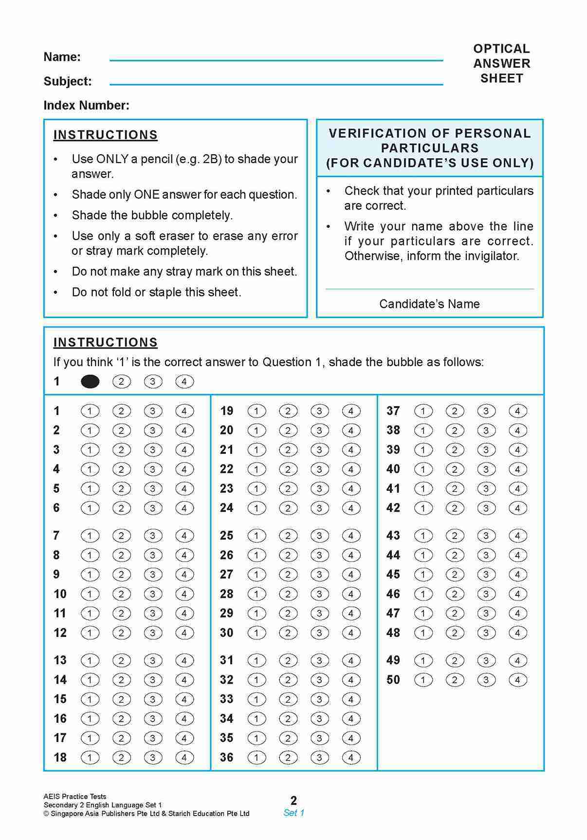 AEIS Practice Tests ENGLISH – Secondary 2 (13 to 15+ Years)